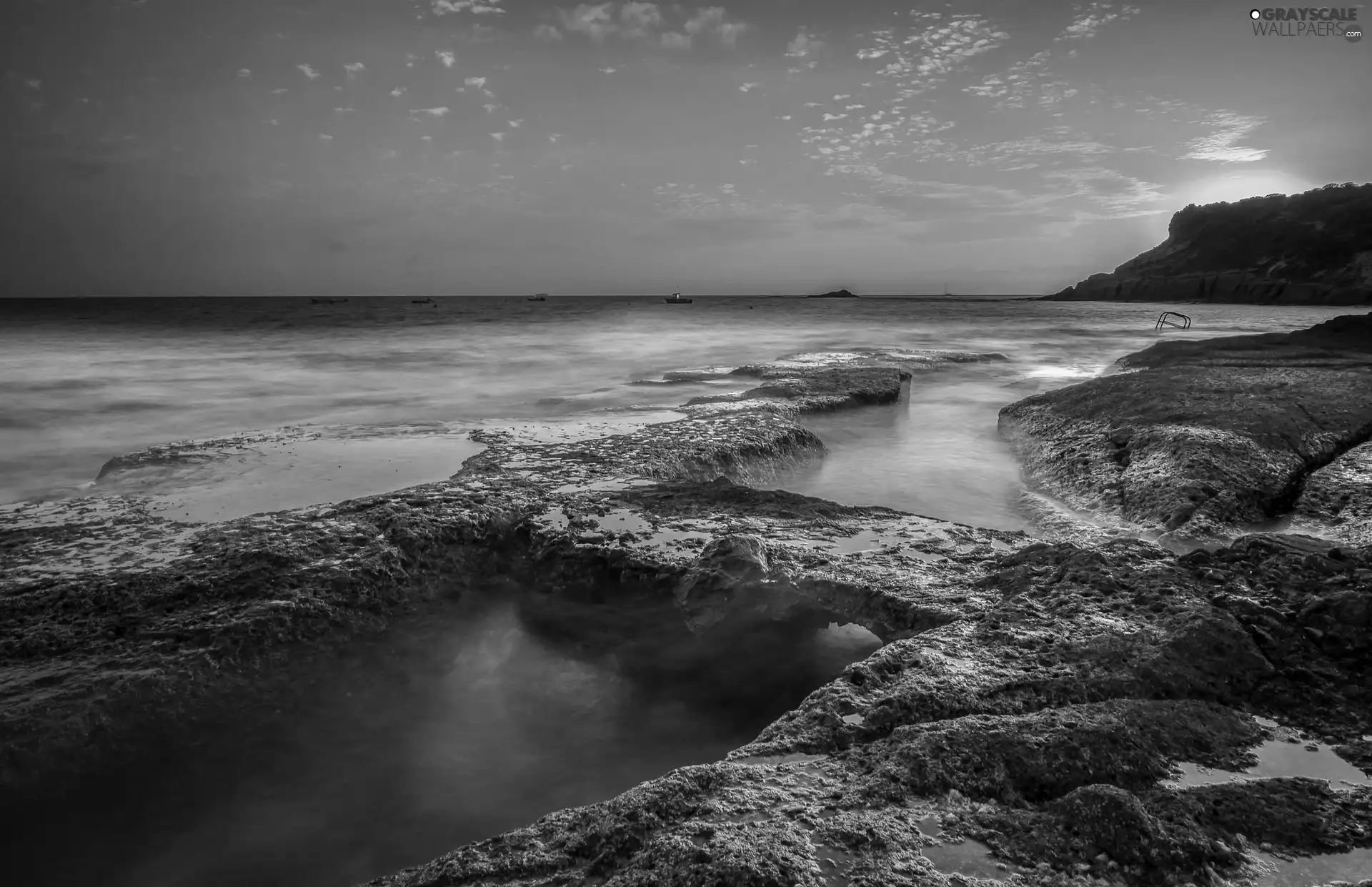 sea, west, sun, rocks