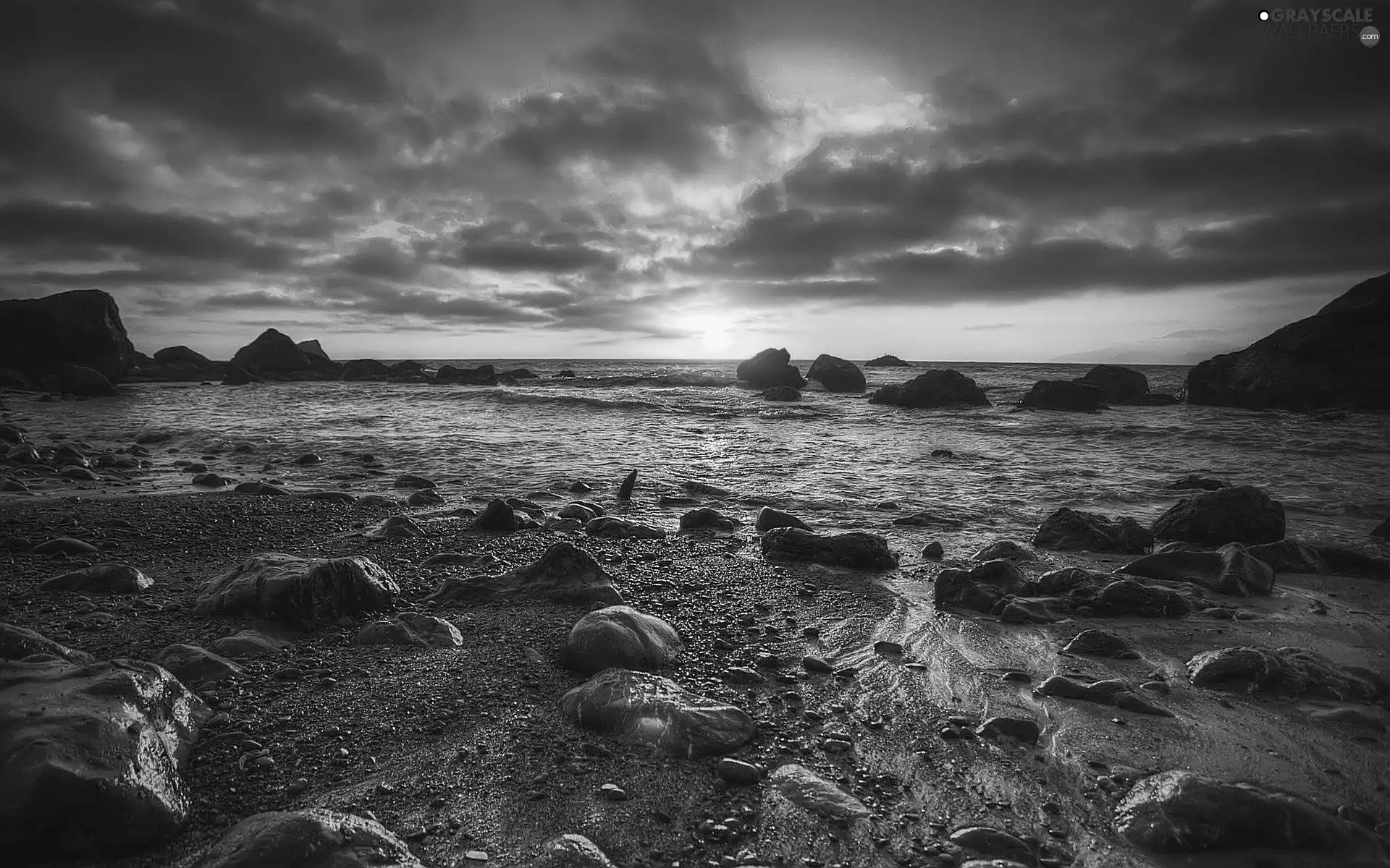 sea, west, sun, Stones