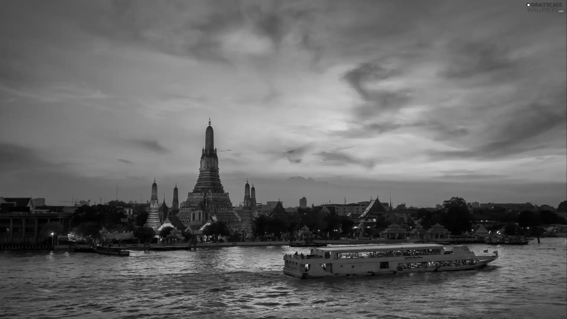 west, Wat Arun, Bangkok, Ship, temple, sun, Thailand