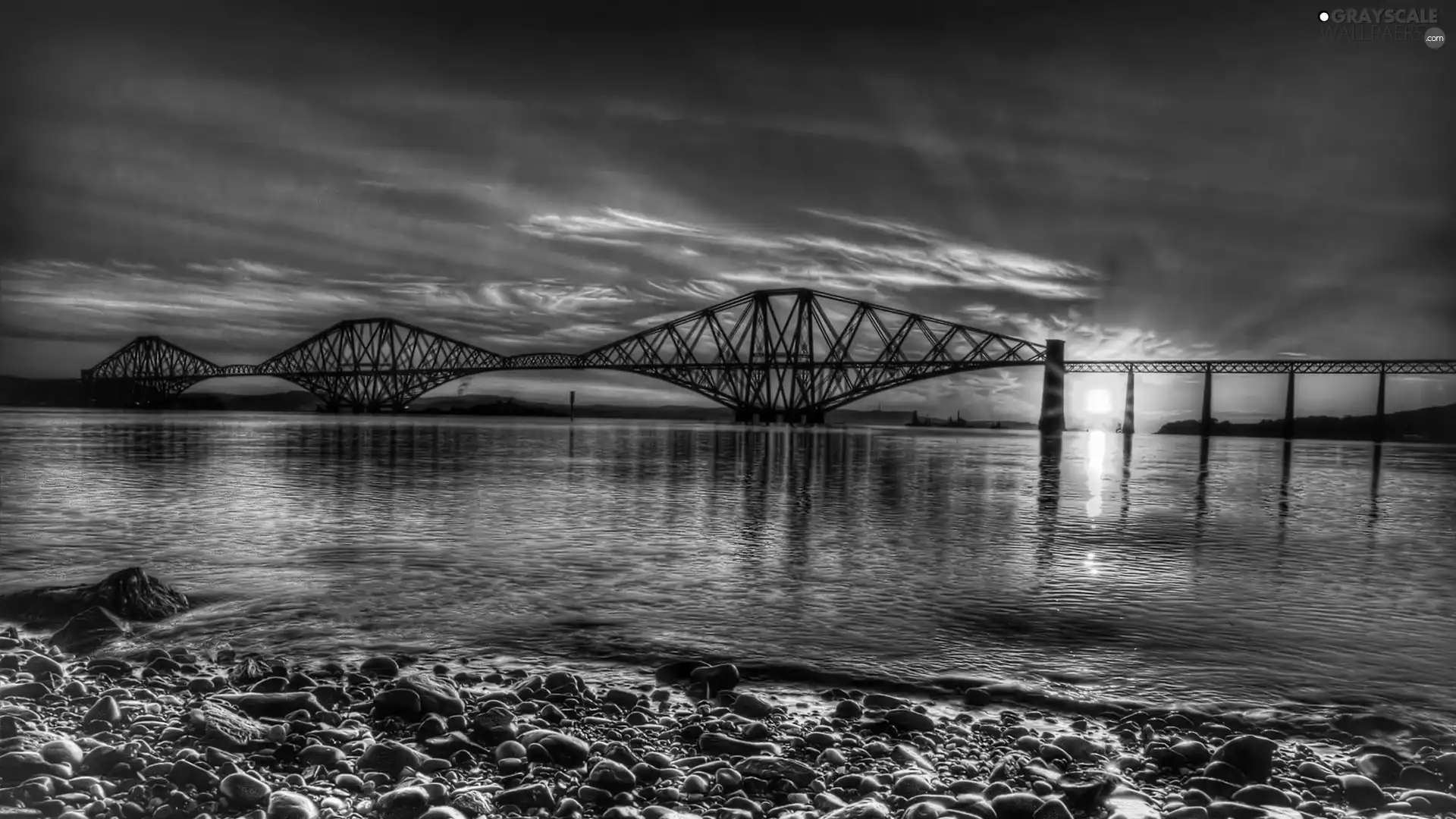 sun, Stones, River, west, bridge