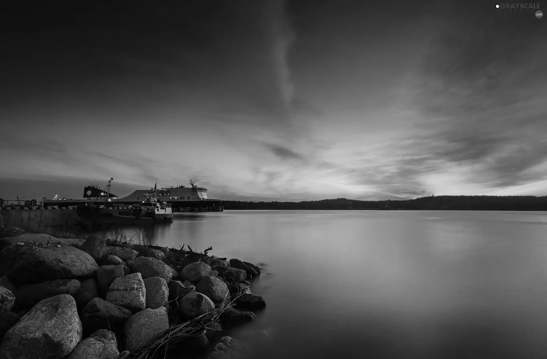 sun, vessels, Stones, west, sea