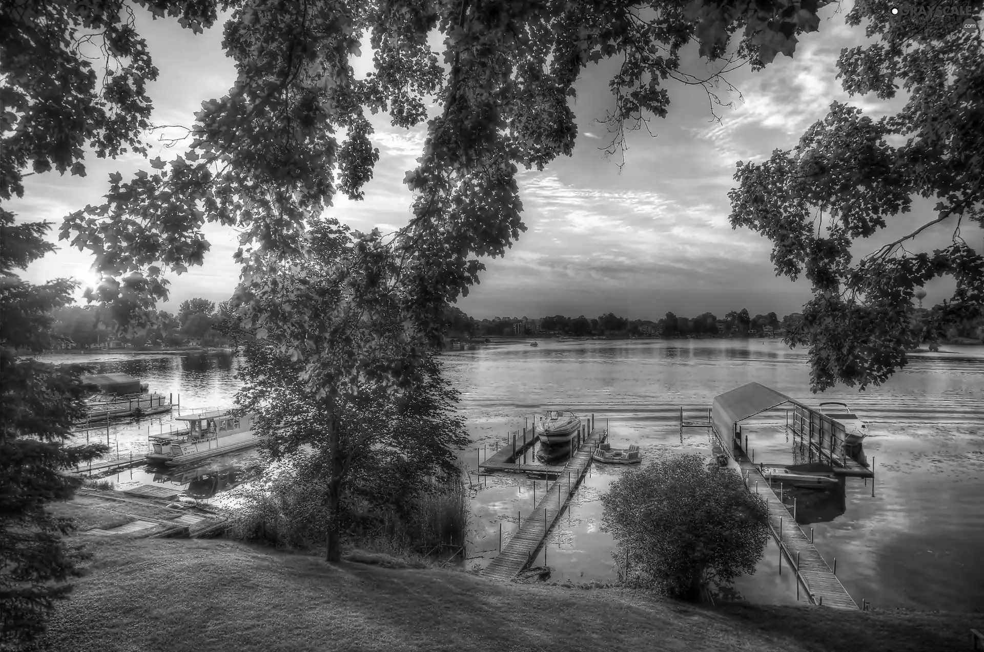 sun, trees, The ship, viewes, Motor boat, west, lake, Harbour