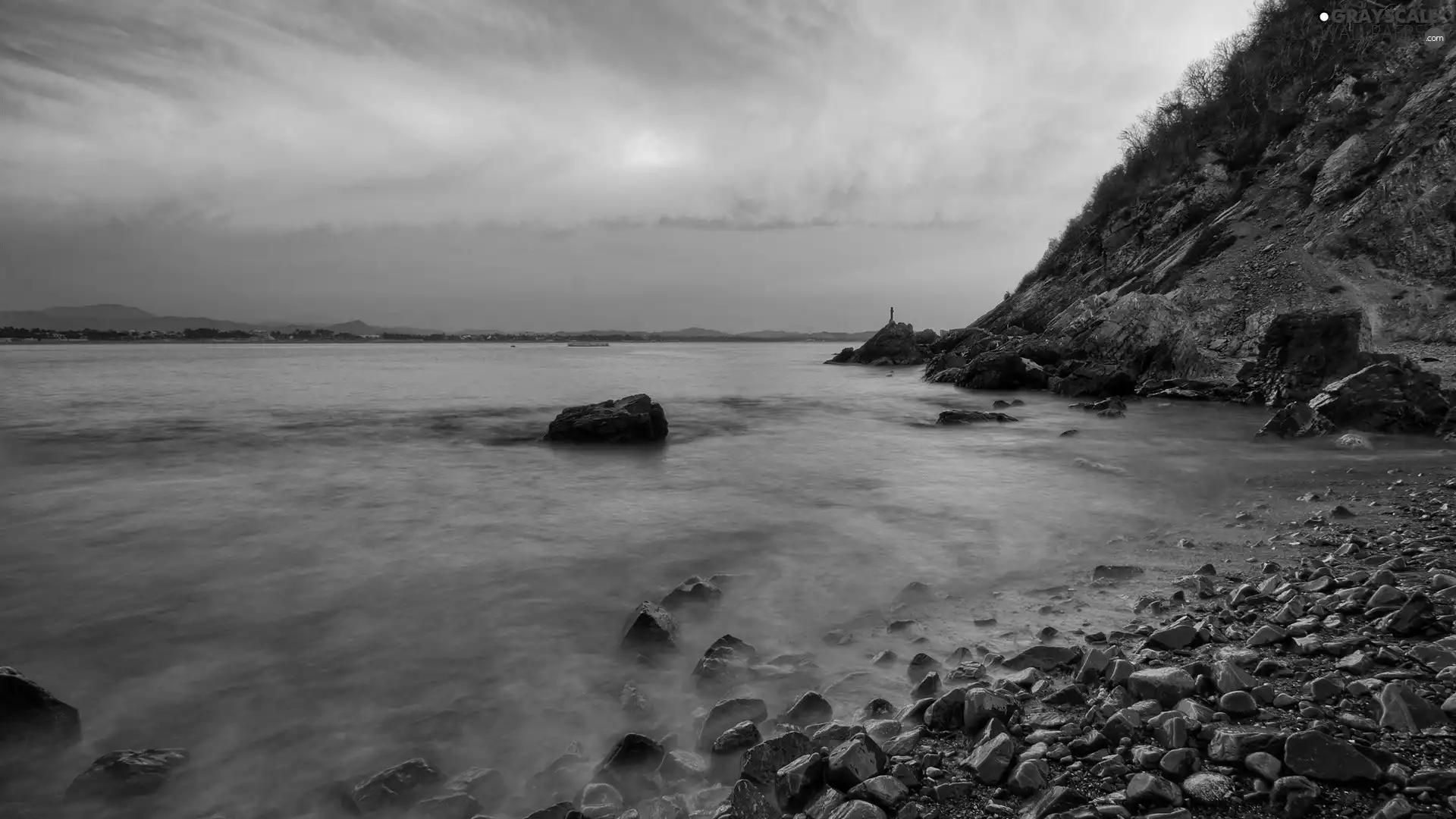 water, west, sun, Stones