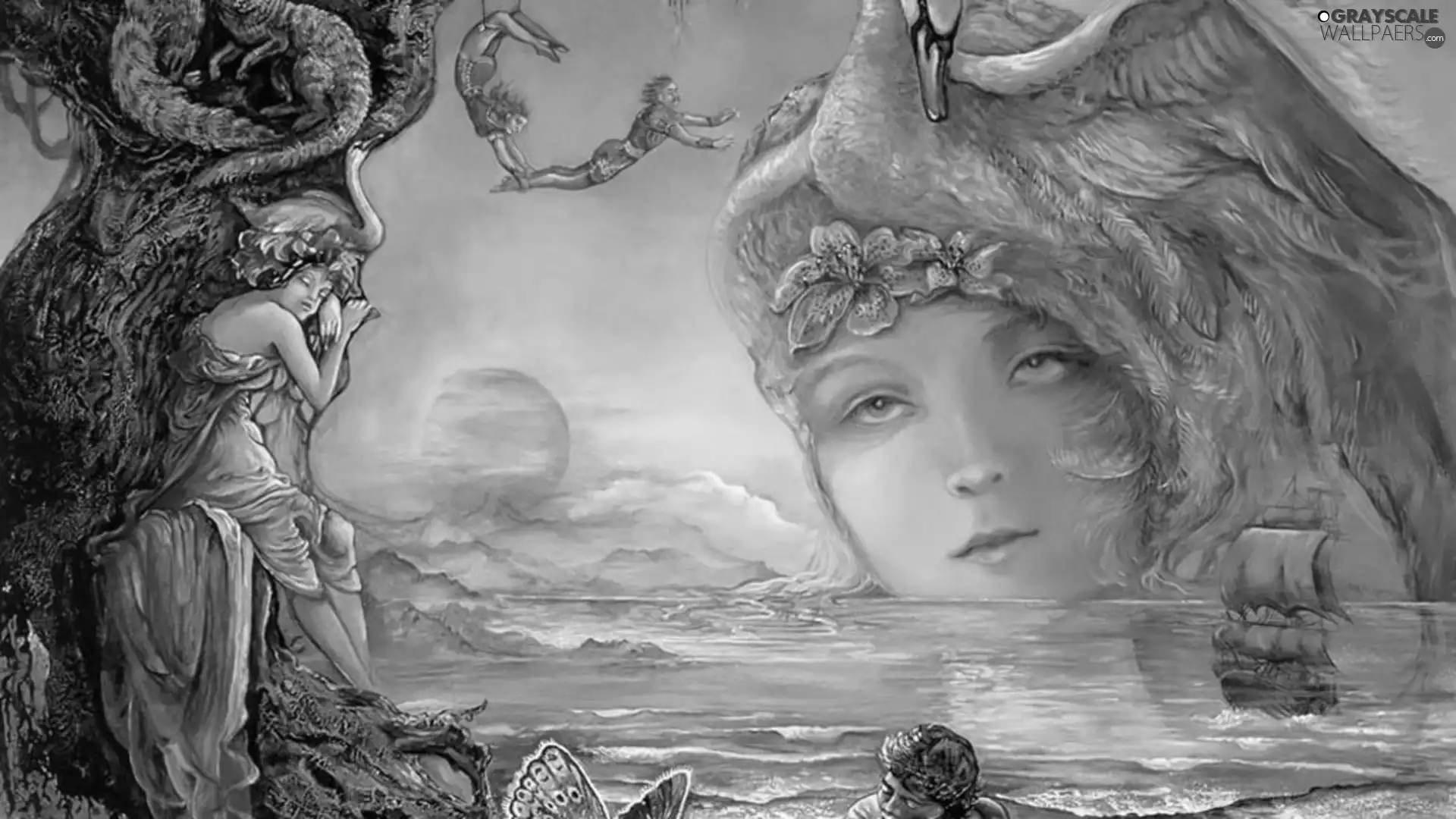 sun, water, Swans, west, Women