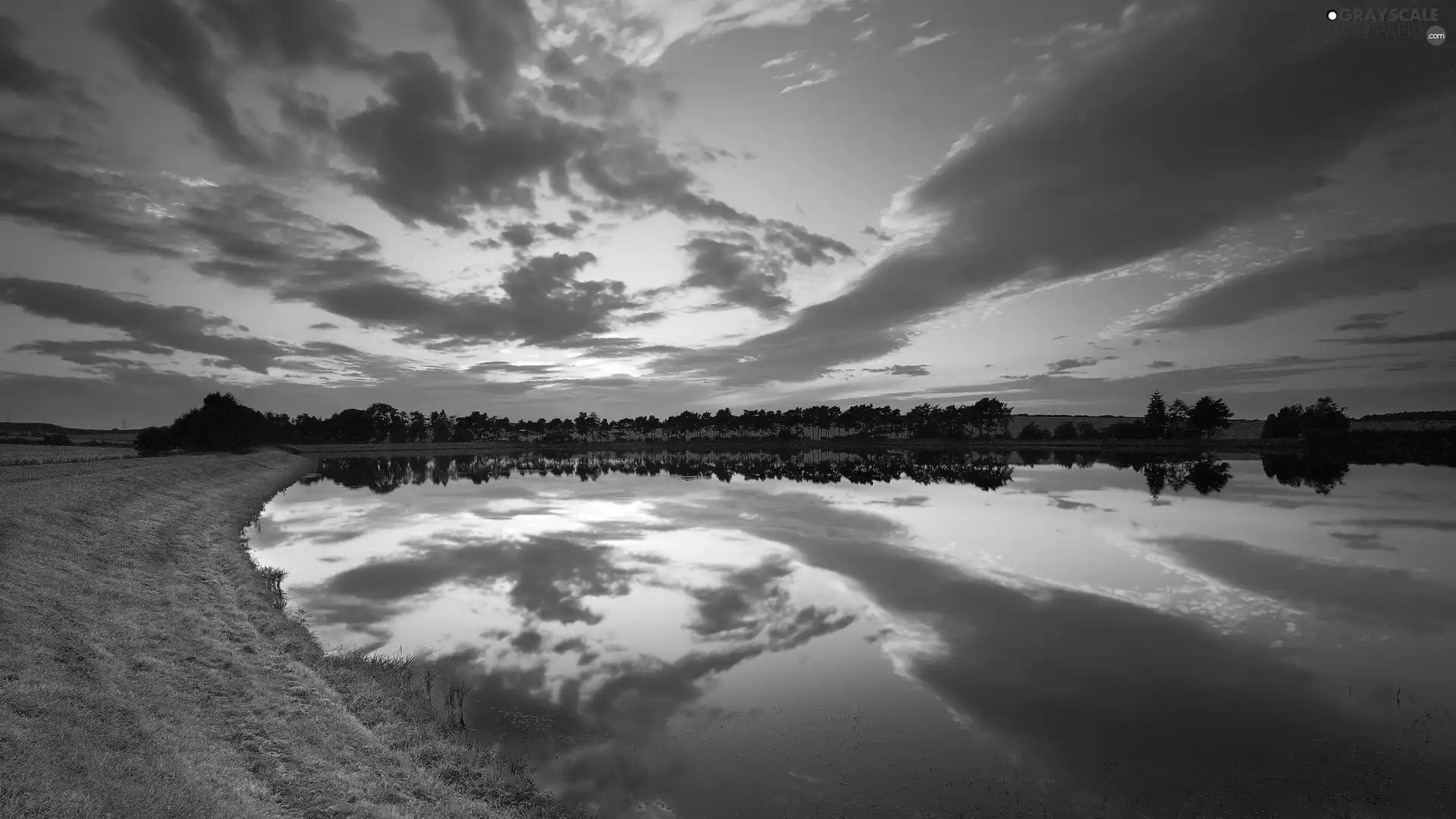 west, sun, reflection, grass, viewes, Sky, lake, trees