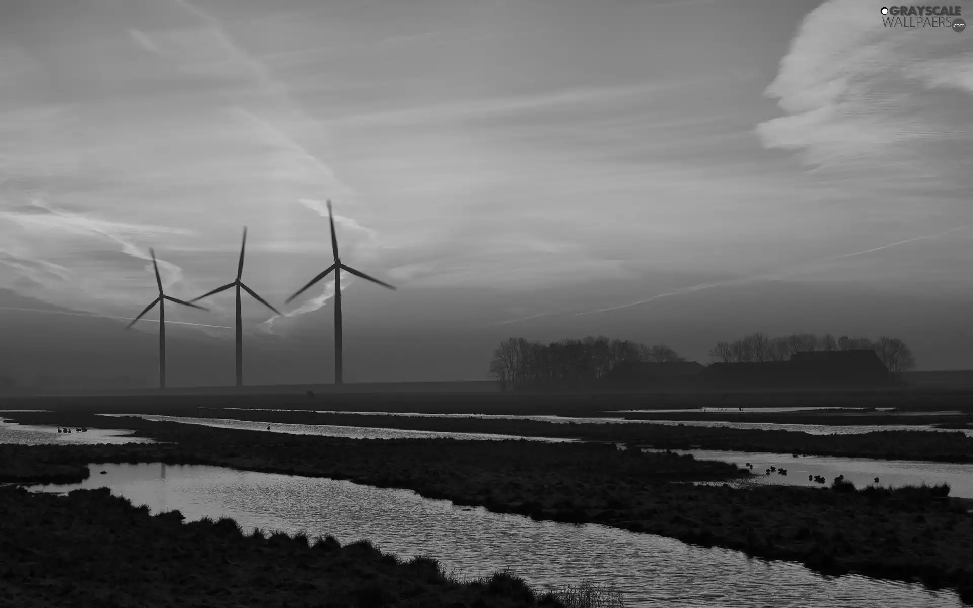 Windmills, west, sun, River