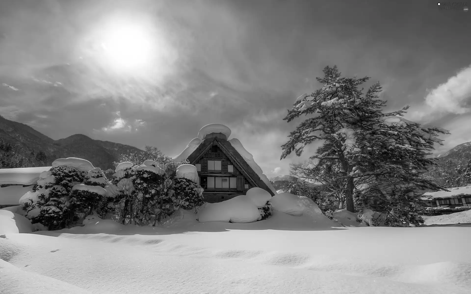 sun, winter, Valley, house, Mountains