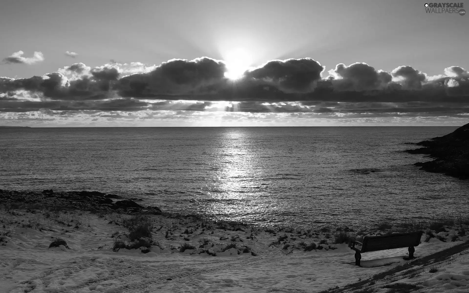 clouds, rocks, sun, winter, rays, Bench