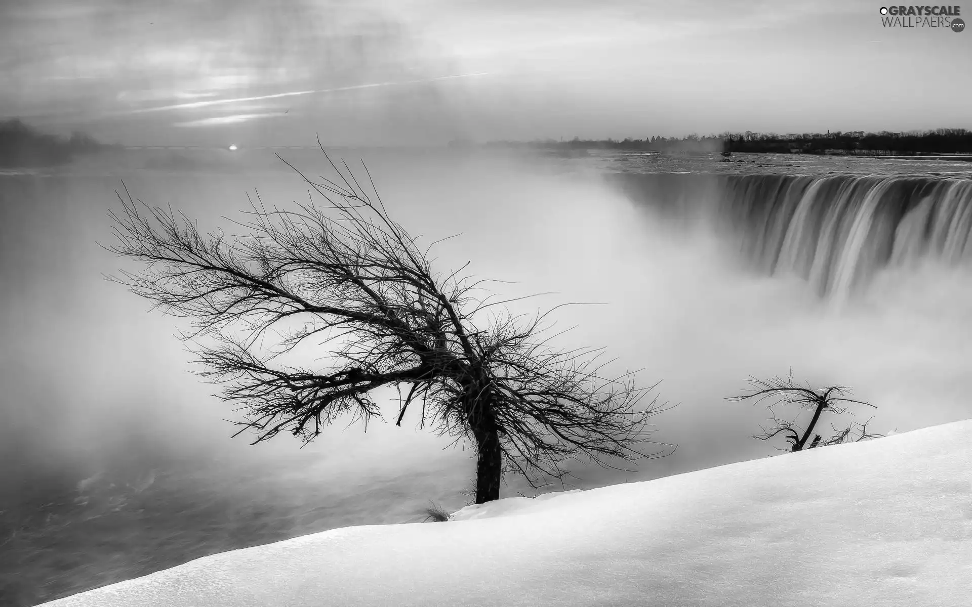 sun, winter, trees, east, waterfall