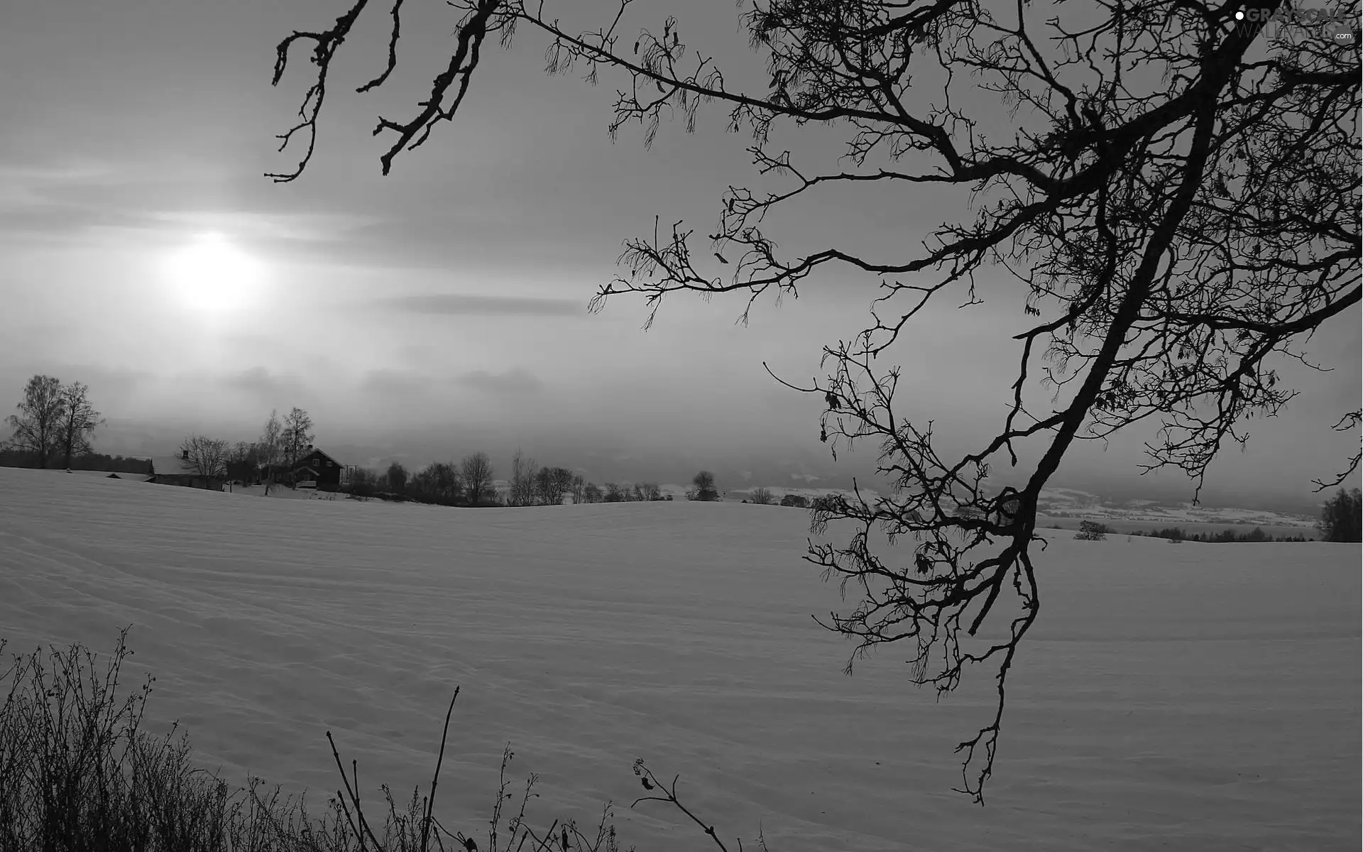 Mountains, Farms, sun, winter, west, field