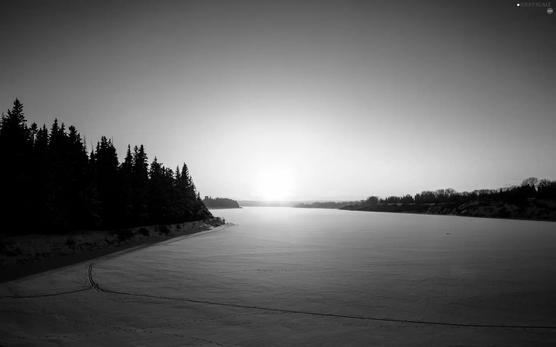 sun, woods, River, west, Frozen