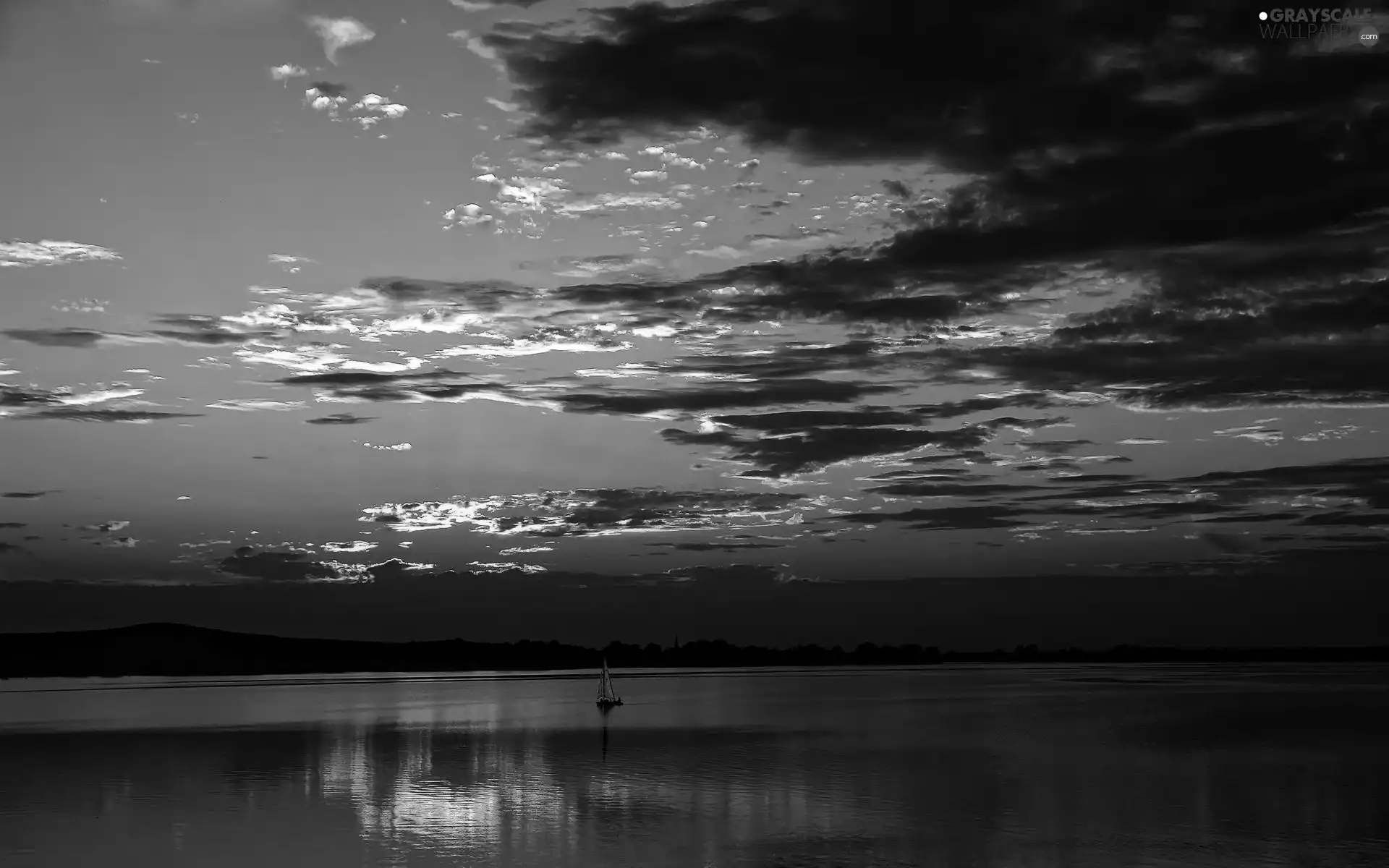 sun, Yacht, lake, west, clouds