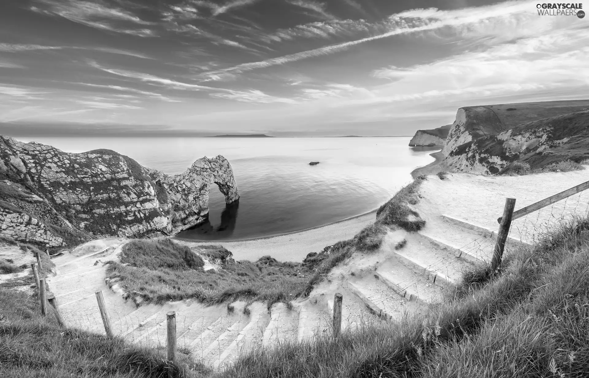 Durdle Door, Durdle Door, sea, rocks, Beaches, England, Stairs, Sunrise, Jurassic Coast