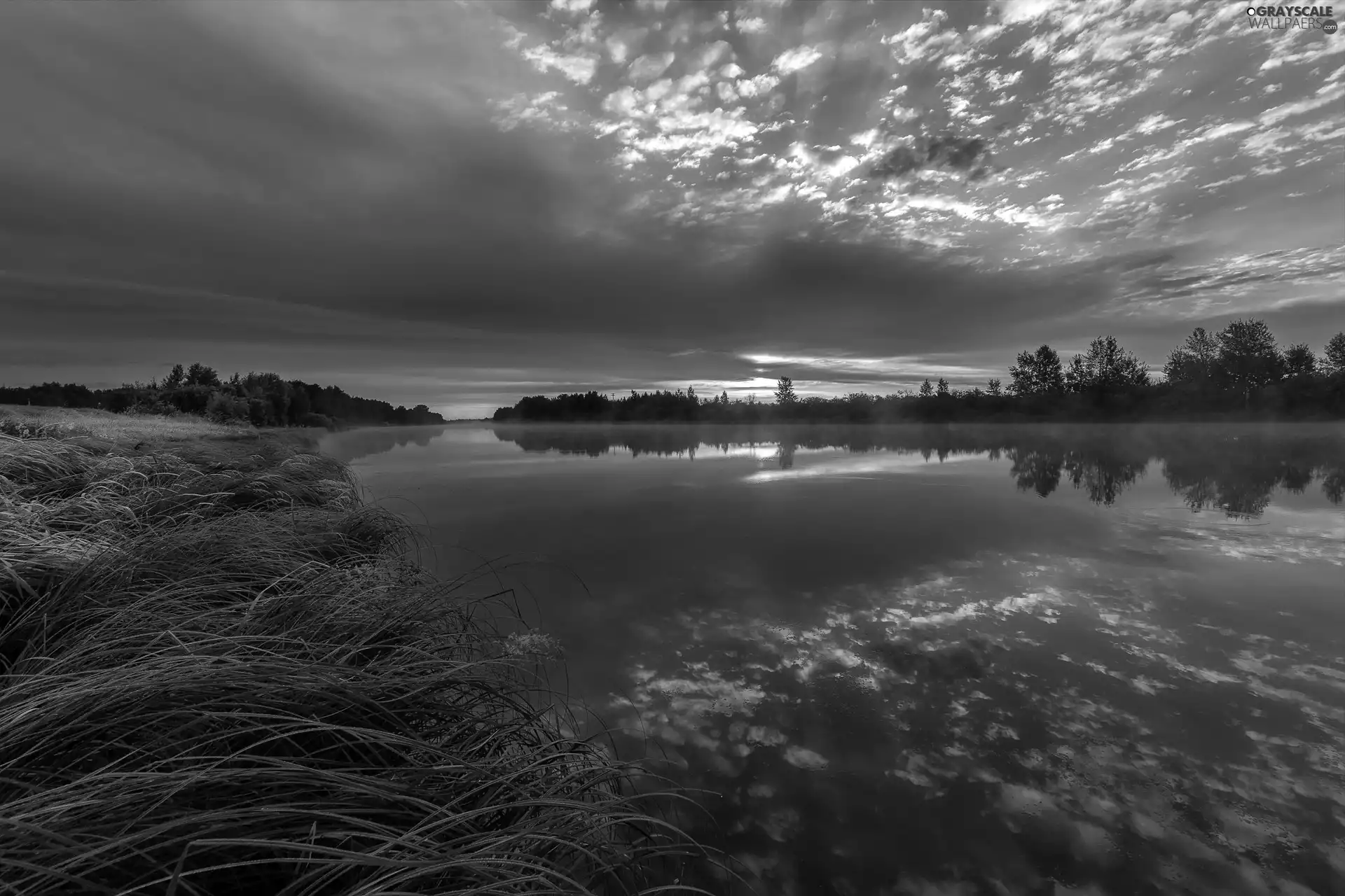 morning, Sunrise, grass, cloudy, River