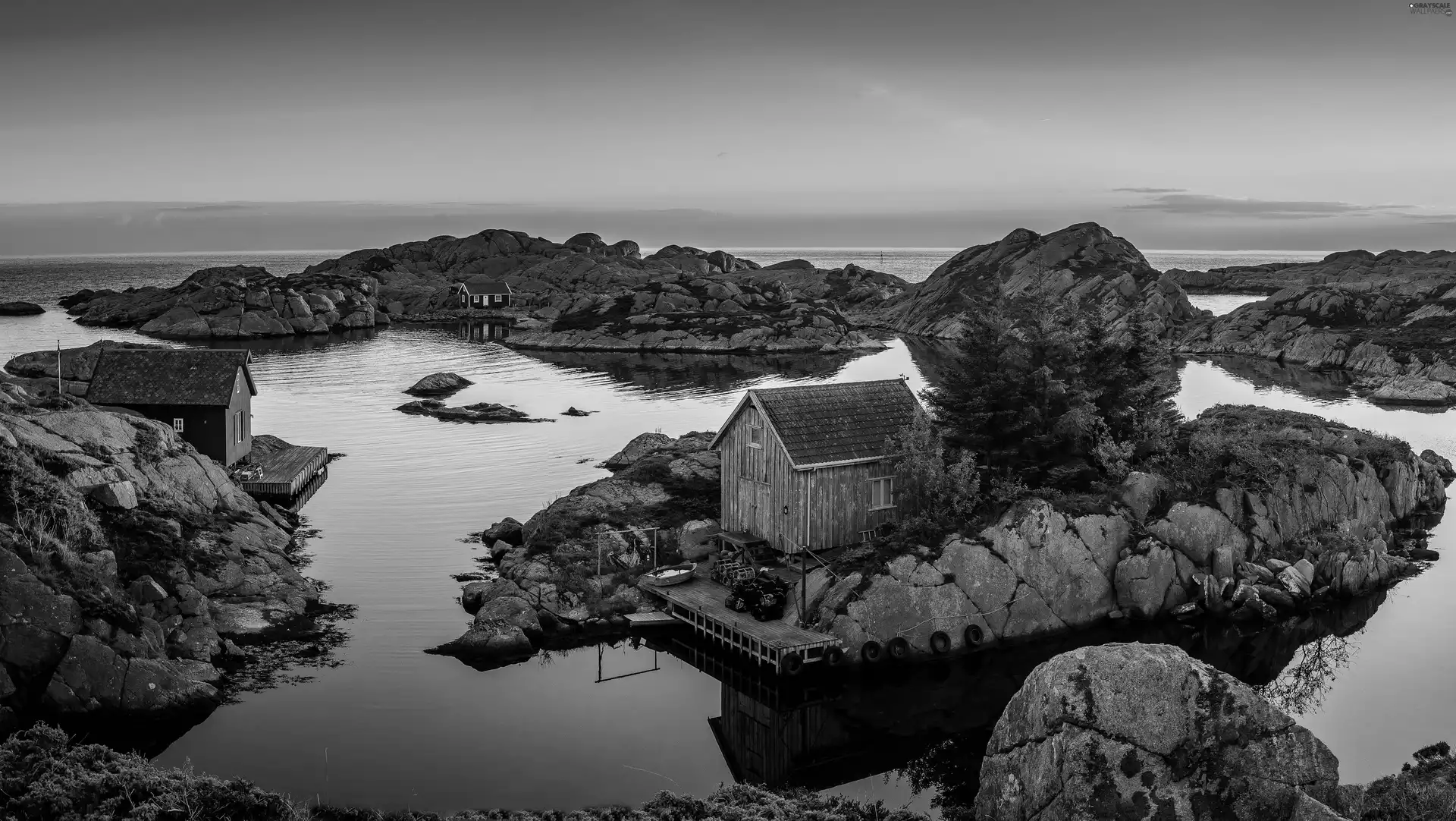 Sunrise, Houses, Norway, Sky, rocks