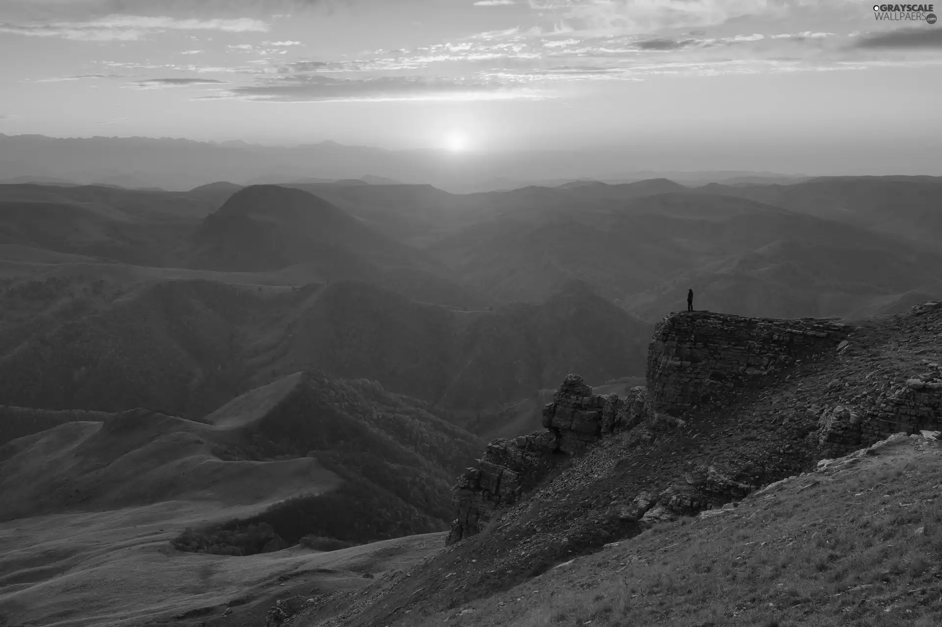 Mountains, rocks, Human, Sunrise