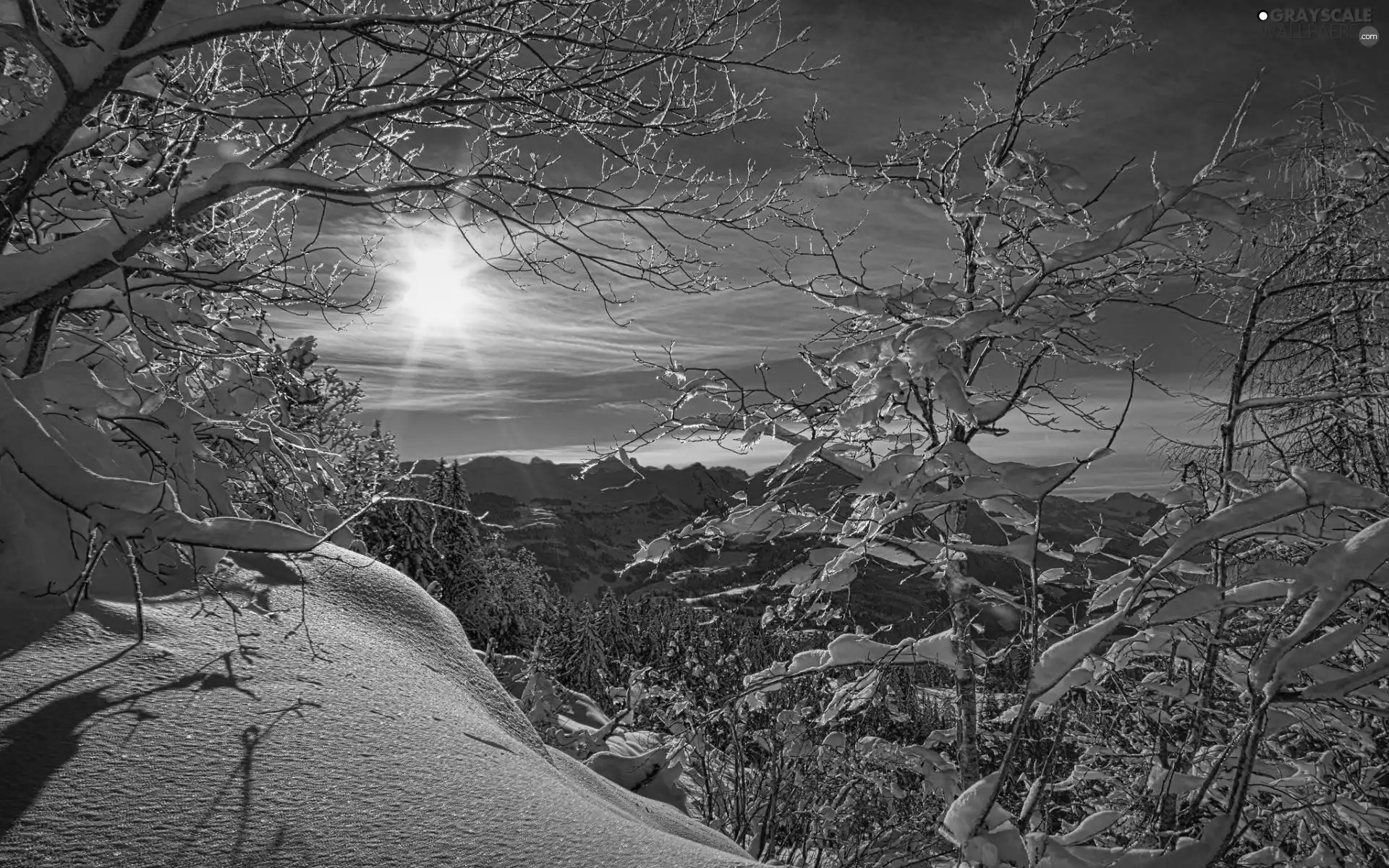 Sunrise, winter, Mountains