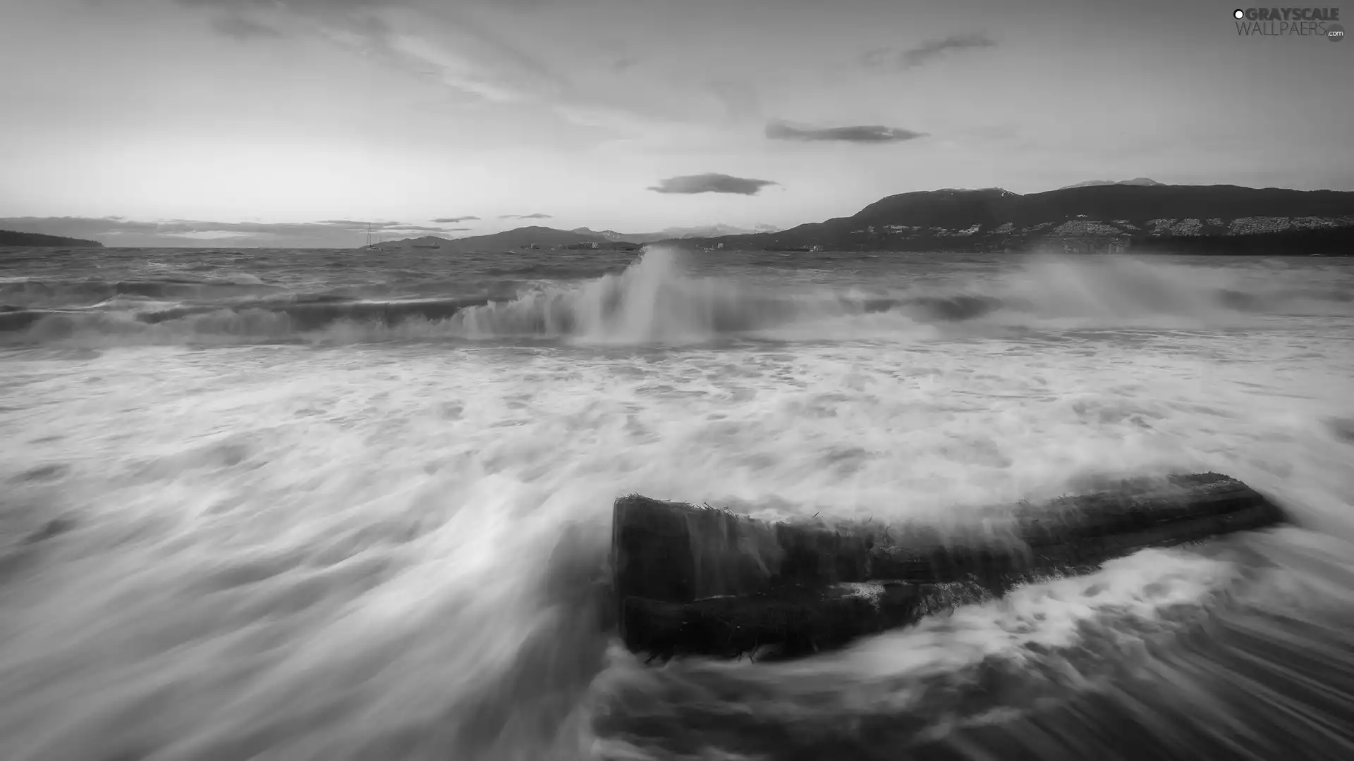 Waves, Lod on the beach, sea, Mountains, Sunrise