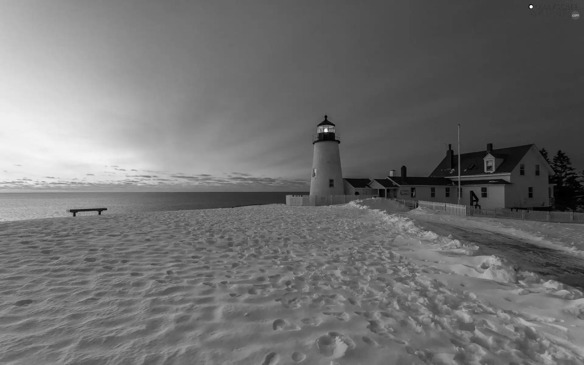 Sunrise, winter, Bench, sea, Lighthouses