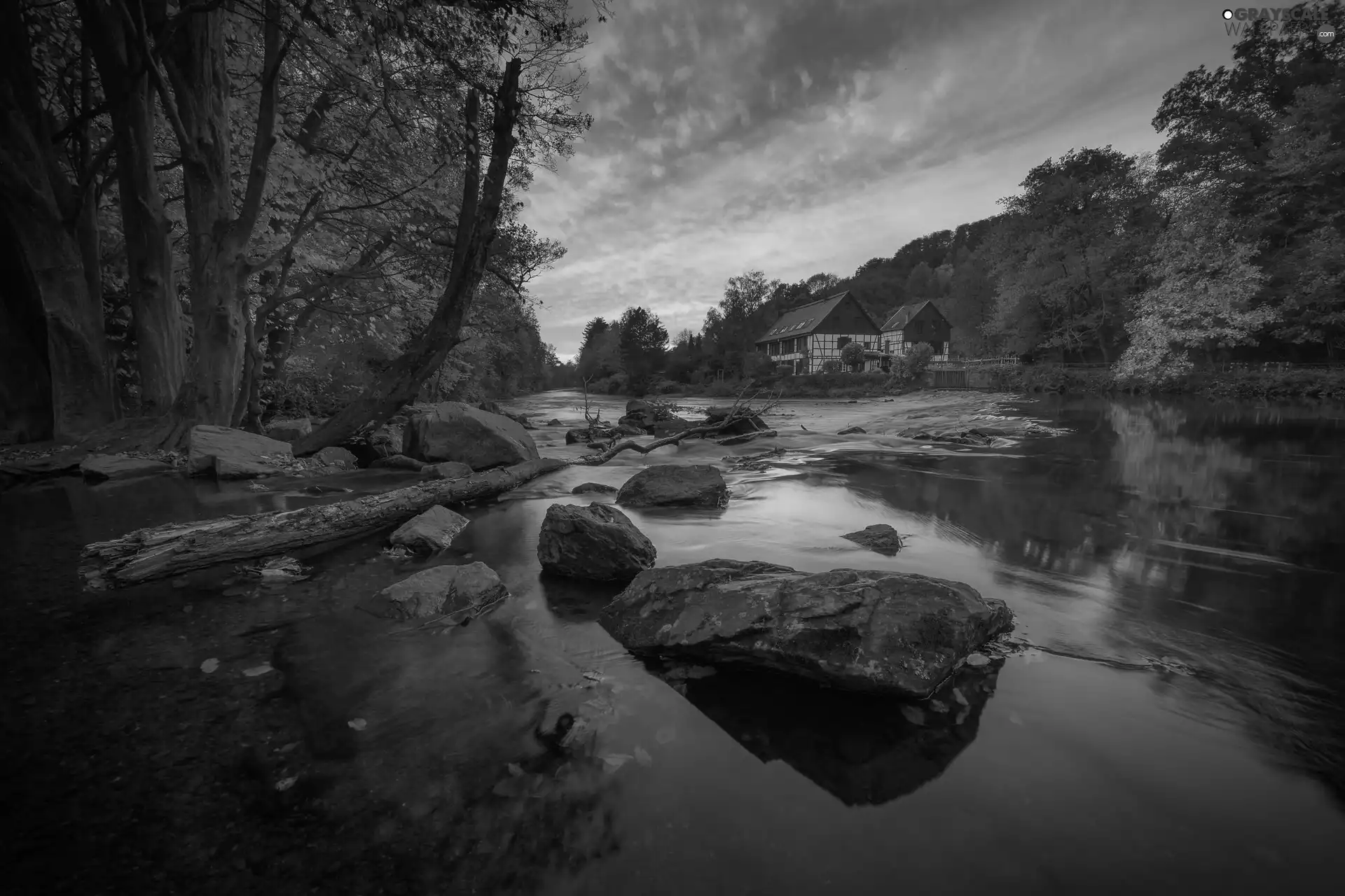 Stones, trees, autumn, viewes, River, Houses, Great Sunsets