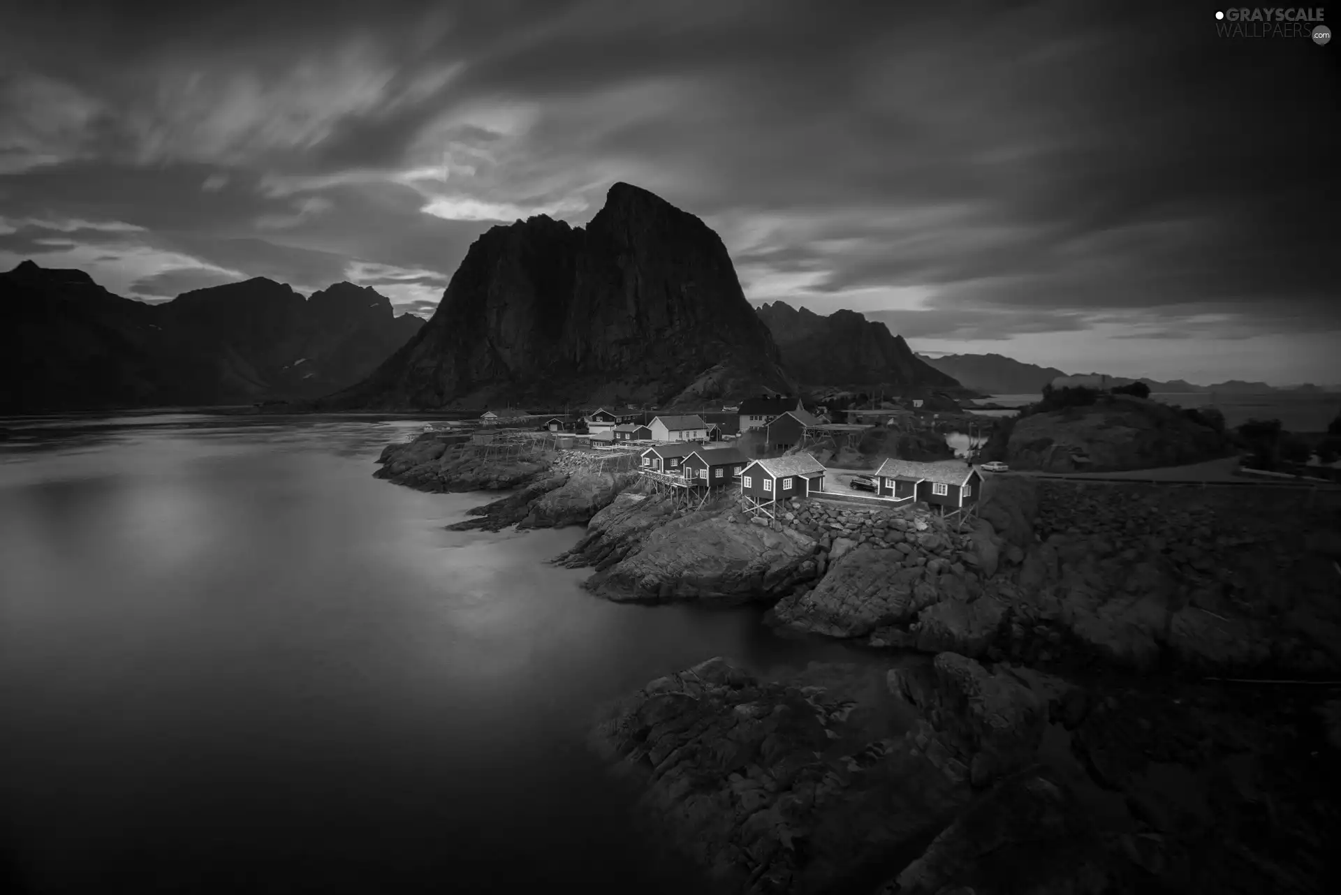 sea, village, Great Sunsets, Norway, rocks, Mountains