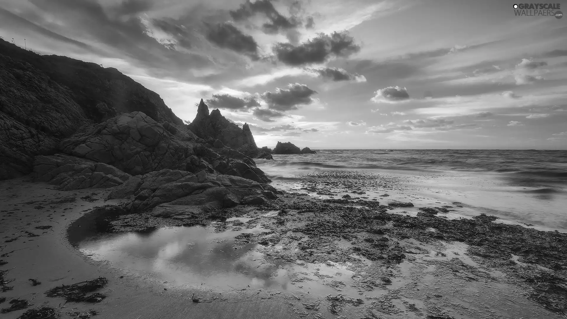 Coast, sea, Great Sunsets, clouds, rocks, coast