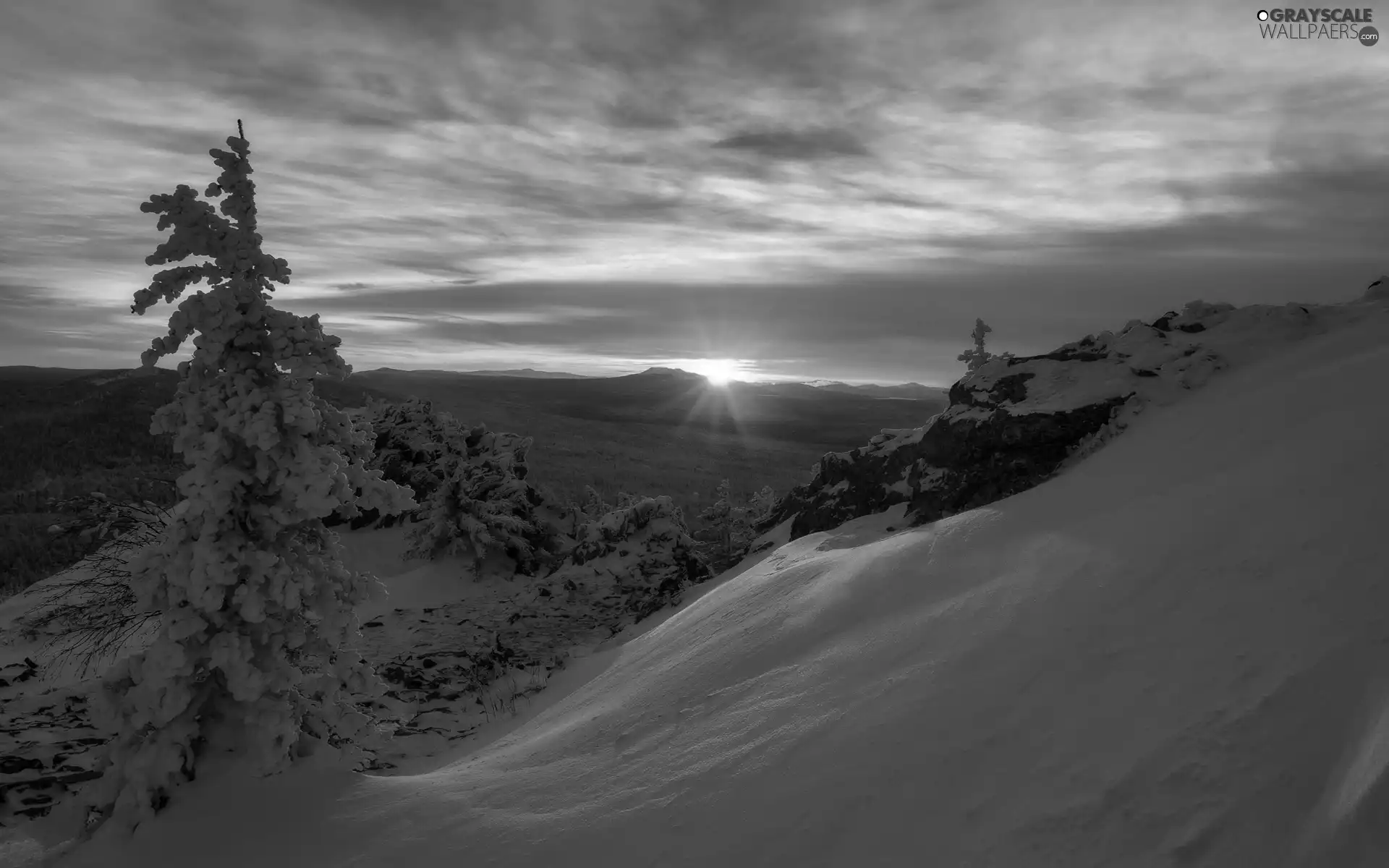 trees, winter, Great Sunsets, clouds, viewes, Mountains