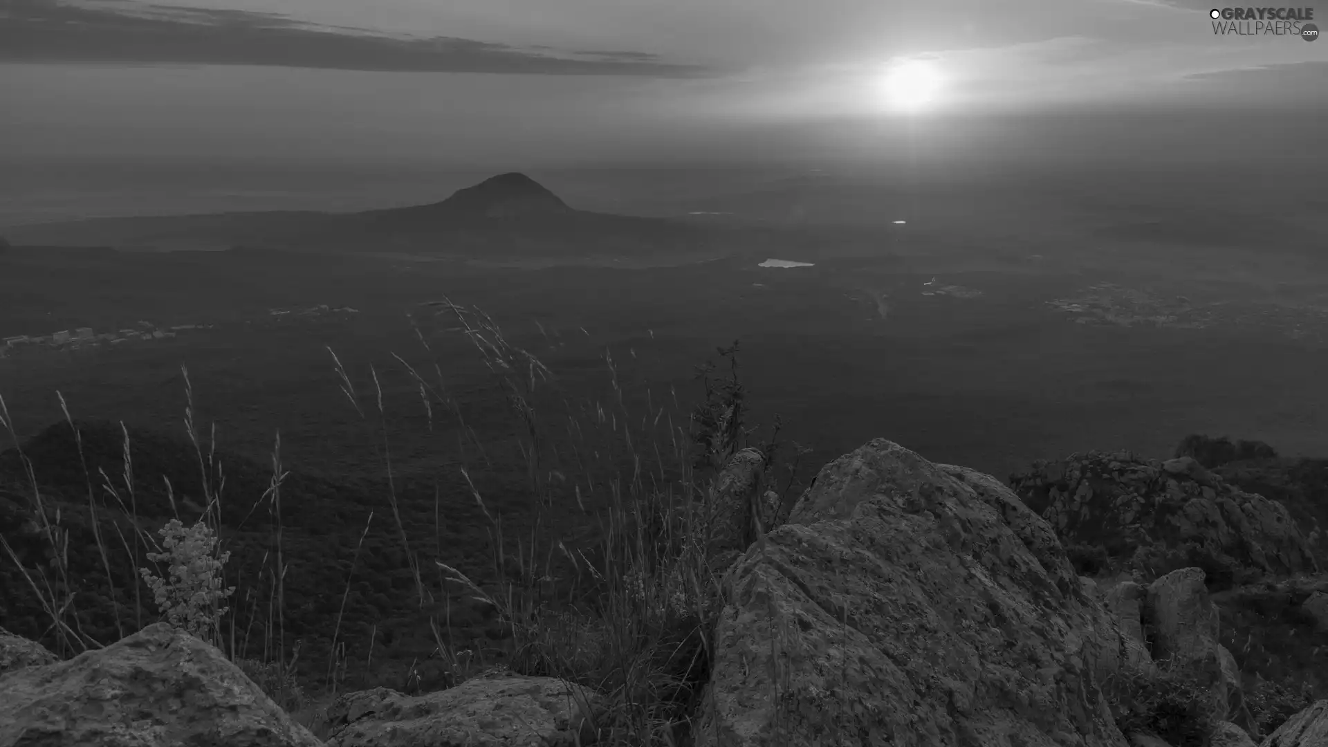 Great Sunsets, rocks, Plants, Mountains