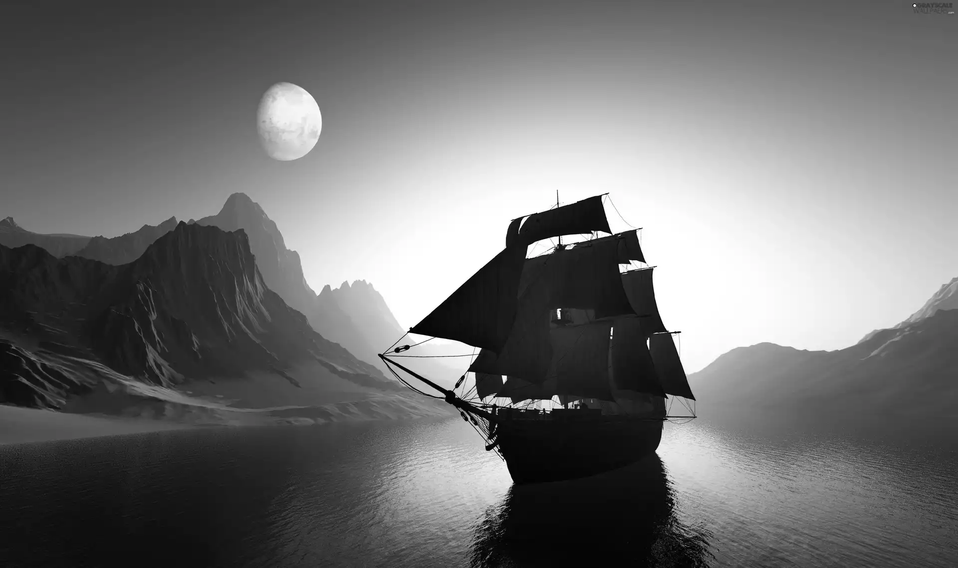 Mountains, Ship, Great Sunsets, moon, sea, sailing vessel