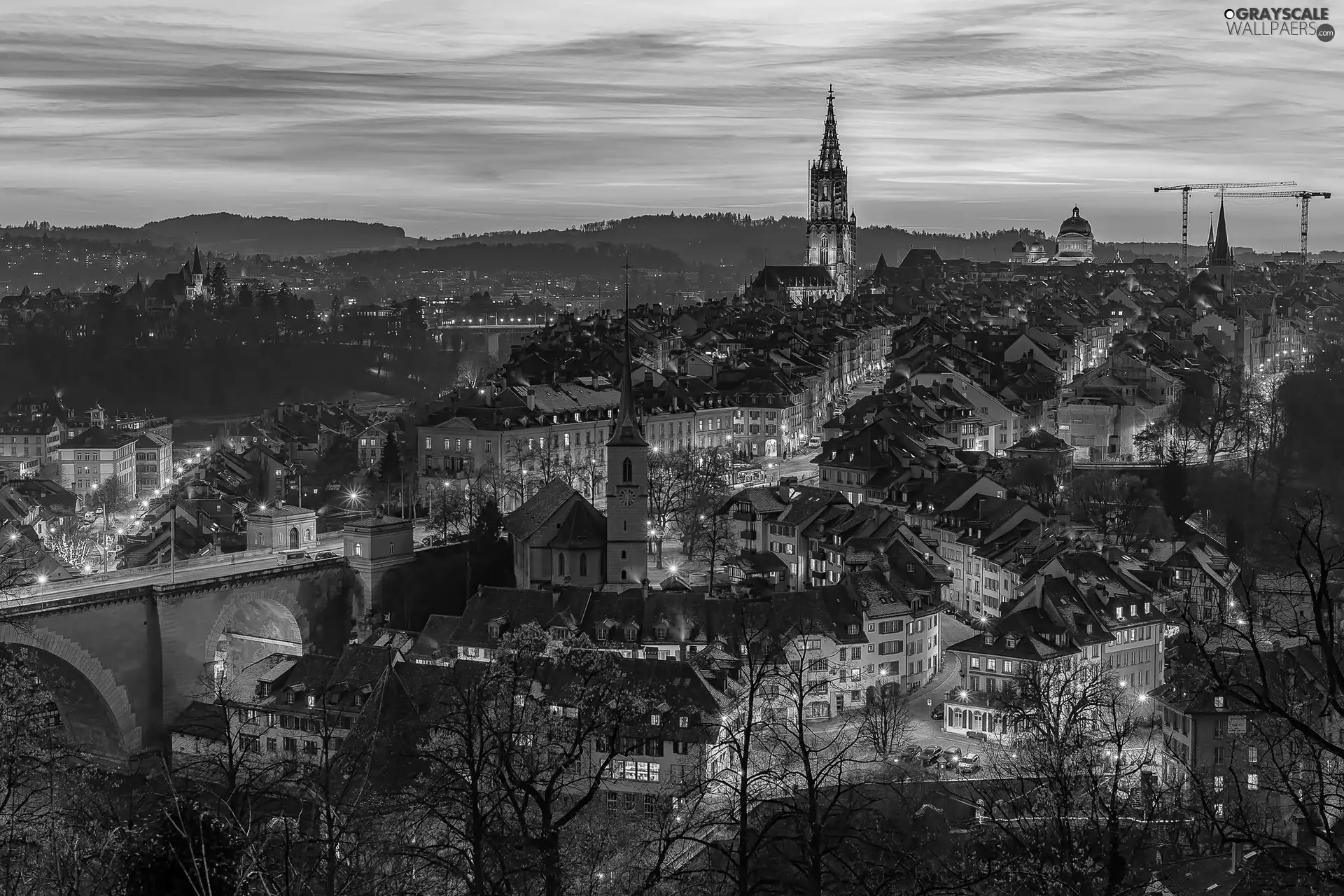 Church, Switzerland, evening, Houses, Bern