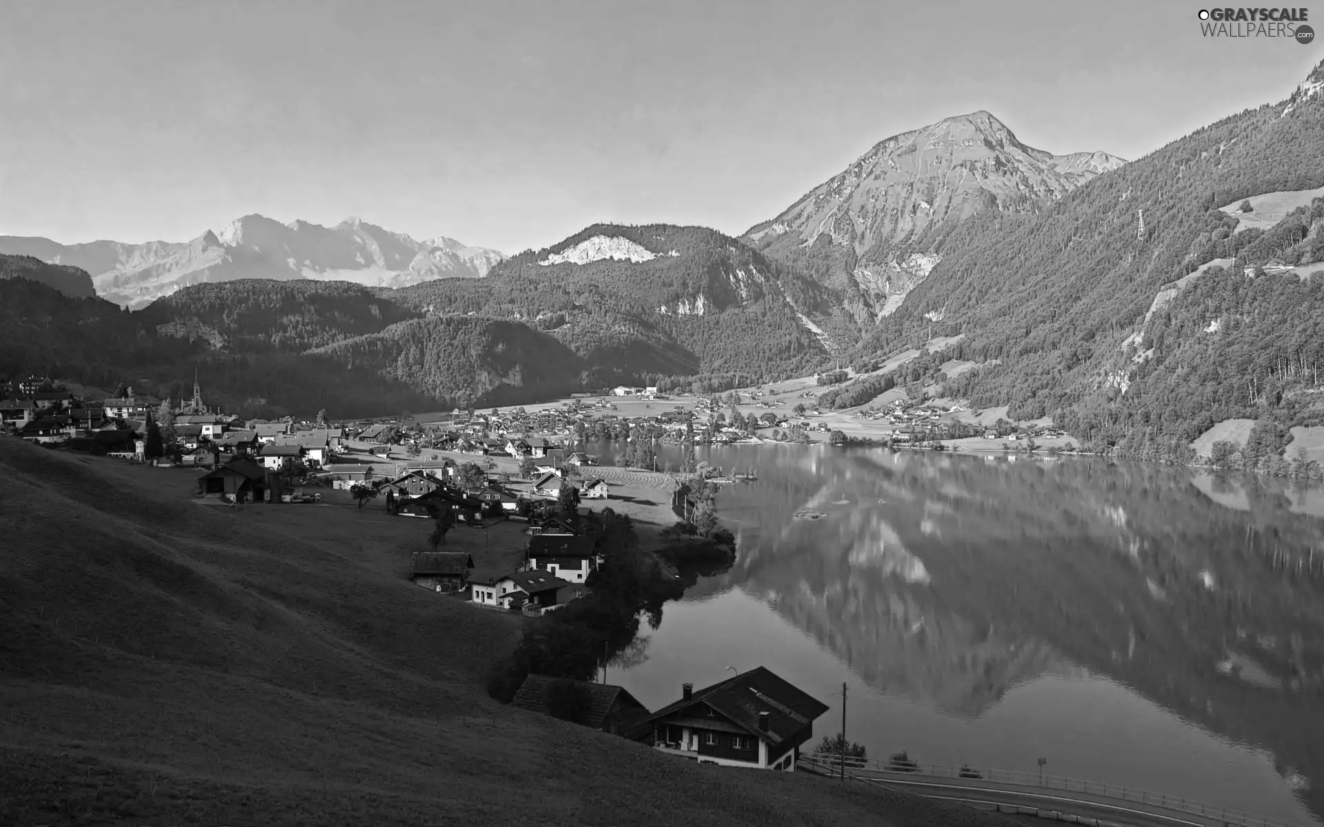 Houses, lake, Switzerland, Mountains