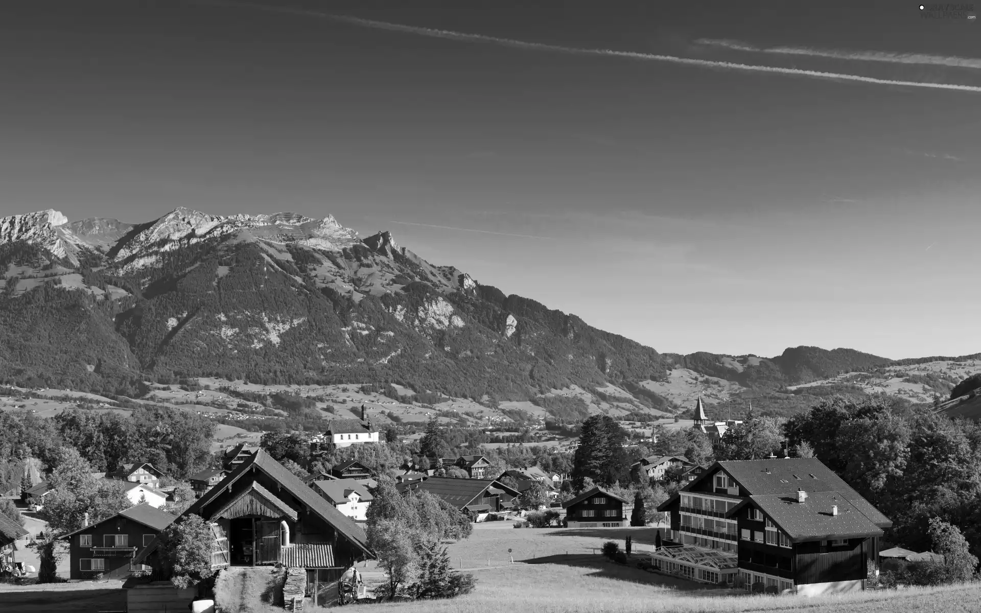 Alps Mountains, Houses, Switzerland, woods