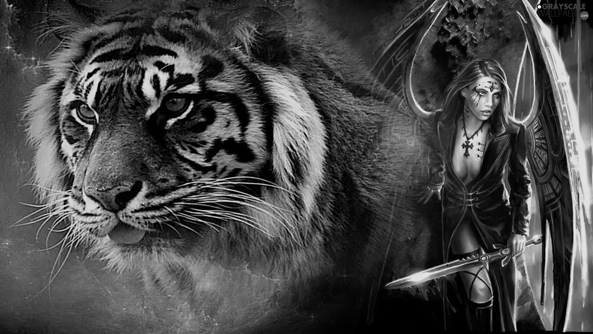 sword, tiger, girl