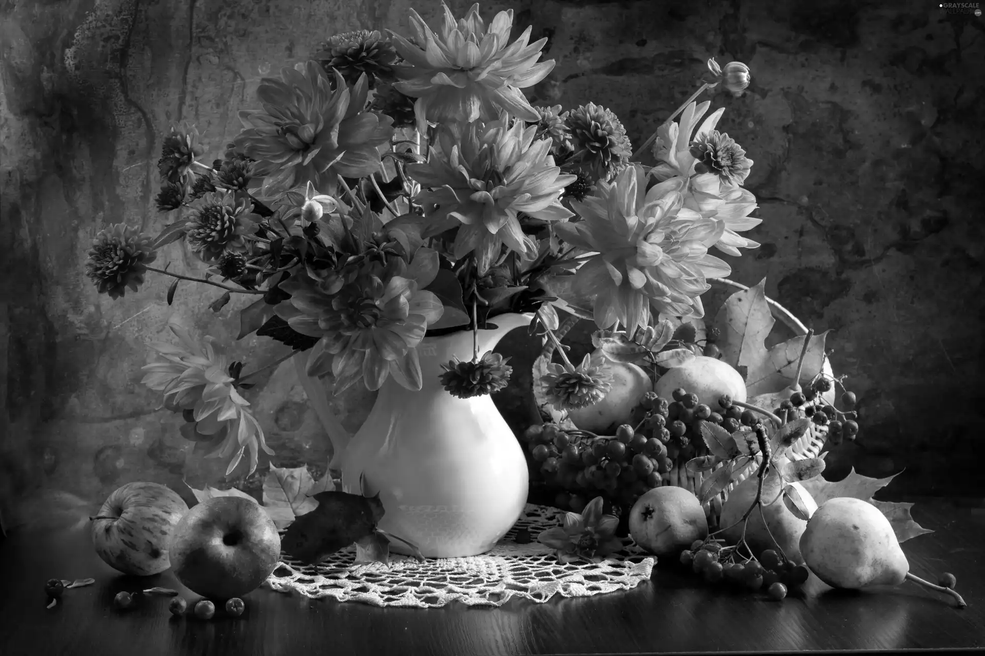 bouquet, Flowers, apples, dahlias, Vase, tablecloth, truck concrete mixer