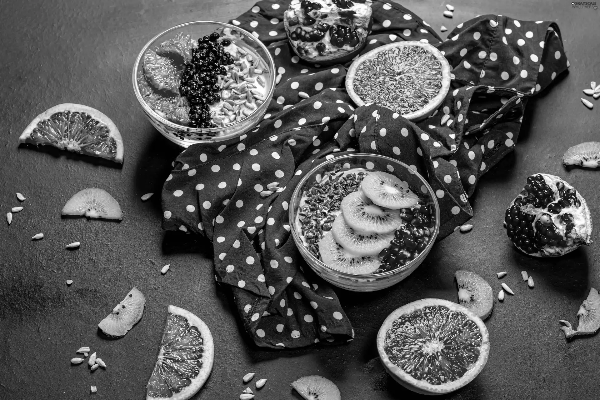 grapefruit, Fruits, Seeds, navy blue, Bowls, kiwi, tablecloth