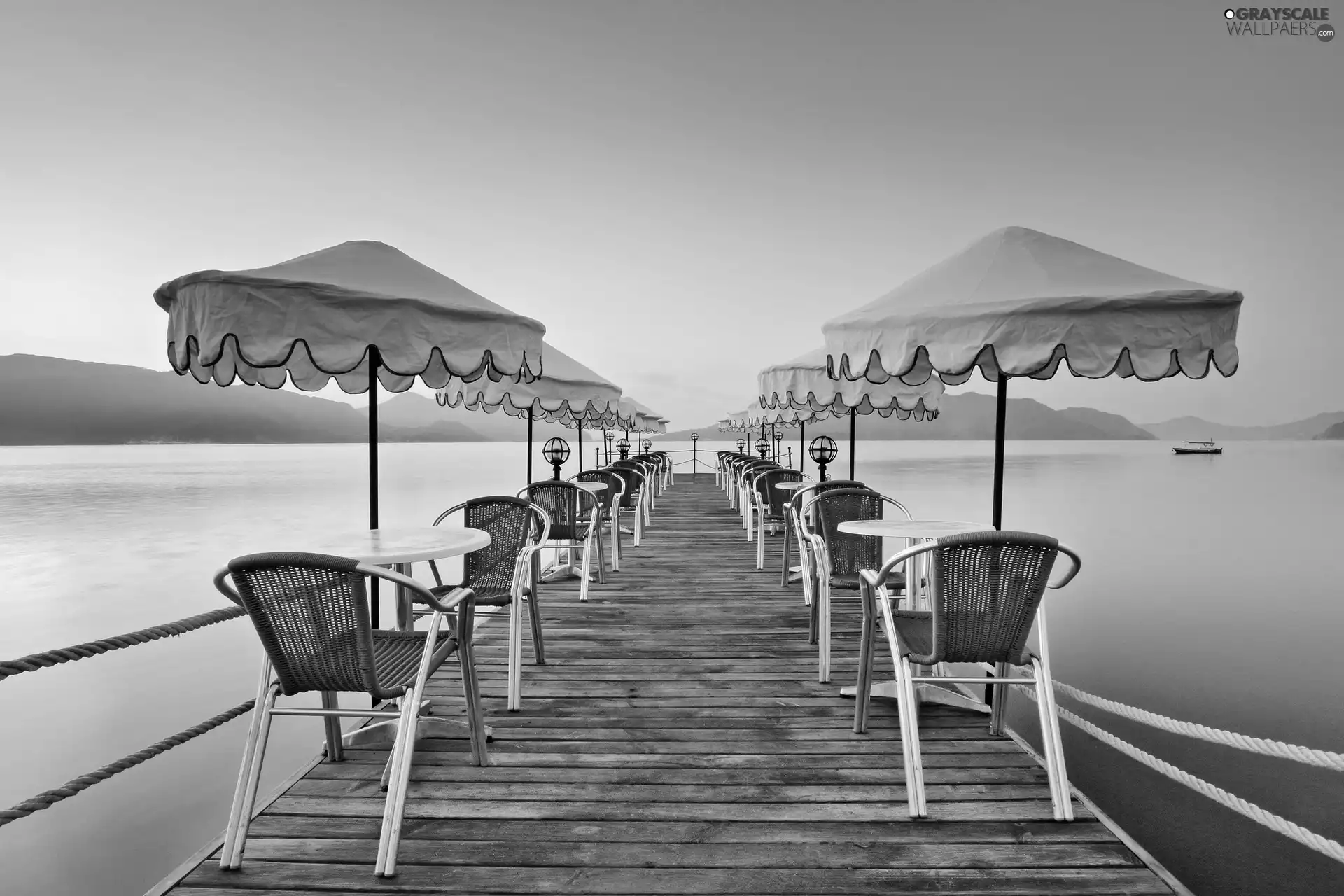 Tables, Sunshade, sea, pier, spa