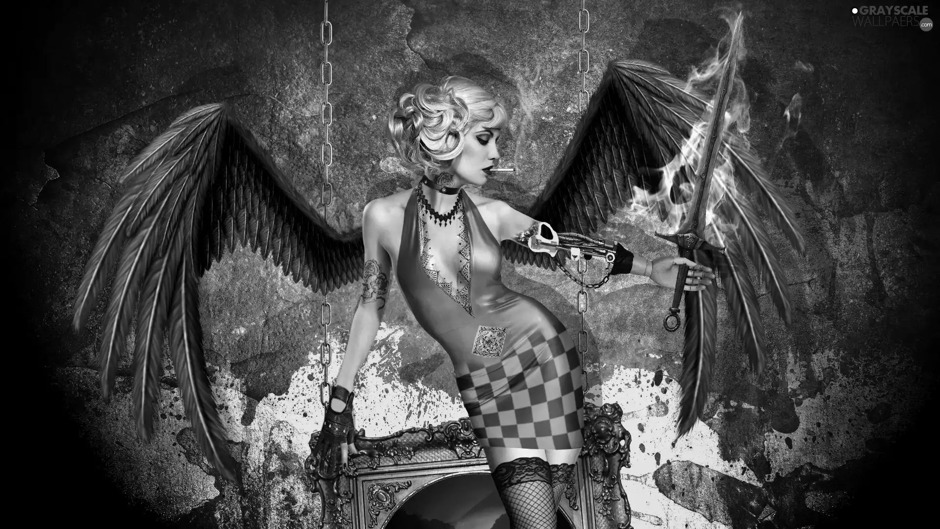 Tattoo, Women, wings, sword, Cigarette, make-up