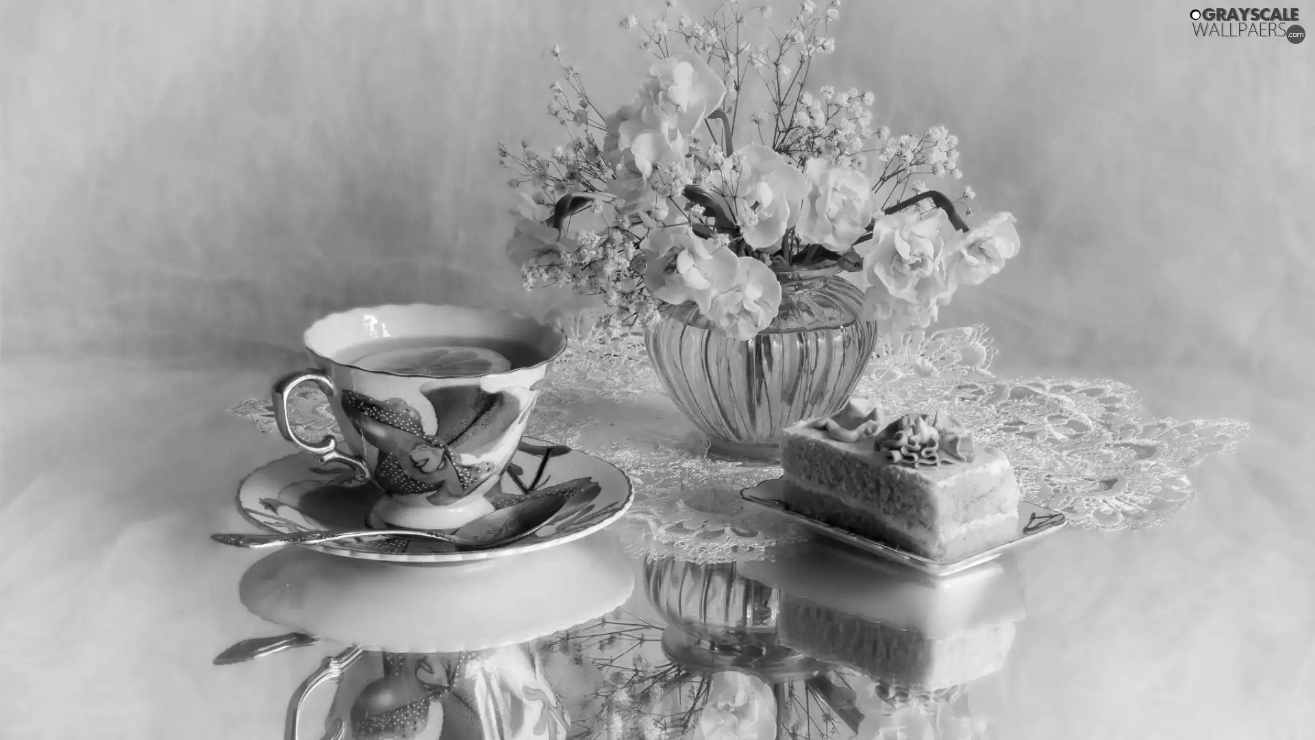 cake, cup, Bouquet of Flowers, tea, composition, napkin, narcissus