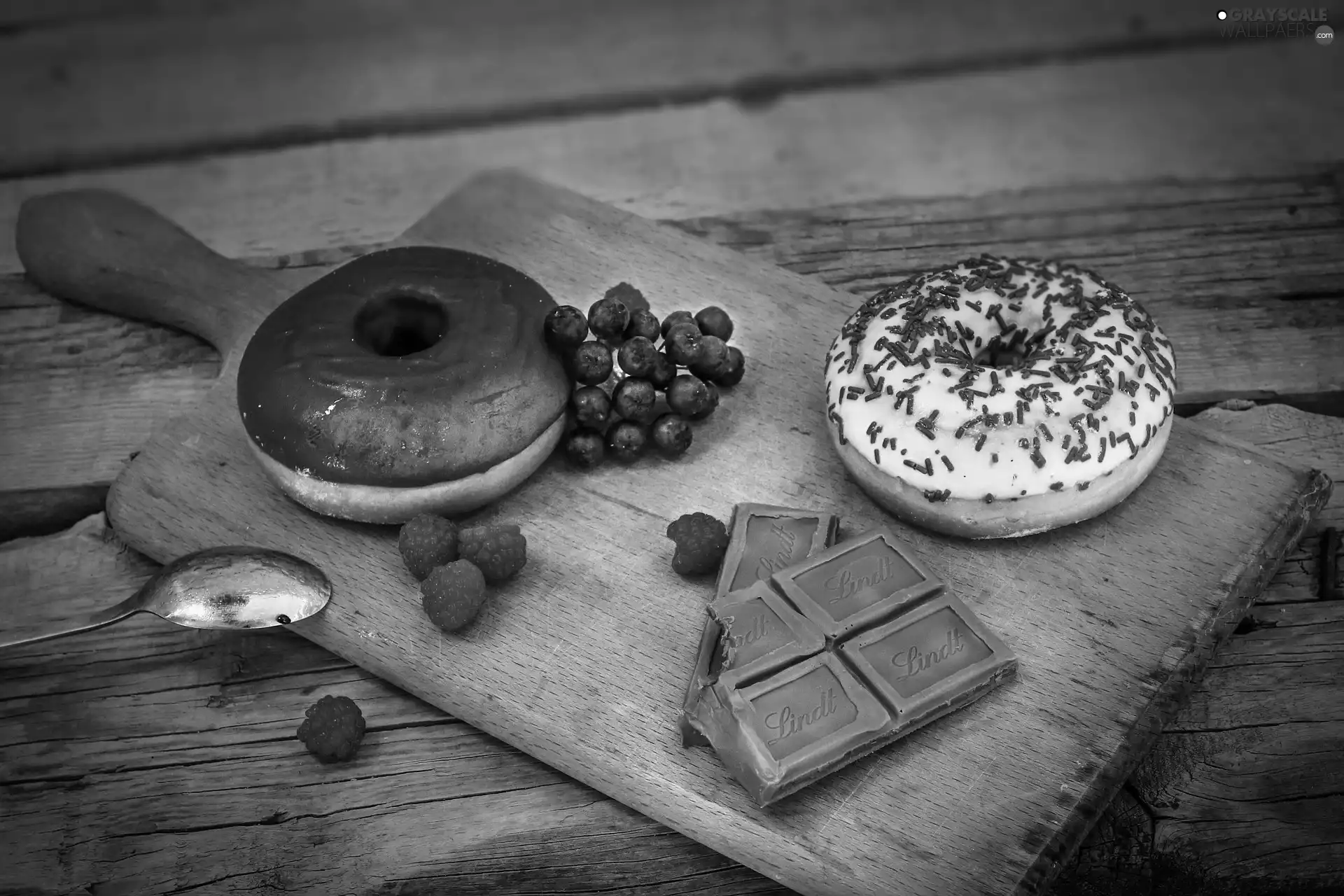 chocolate, donuts, board, teaspoon, Fruits, Donuts
