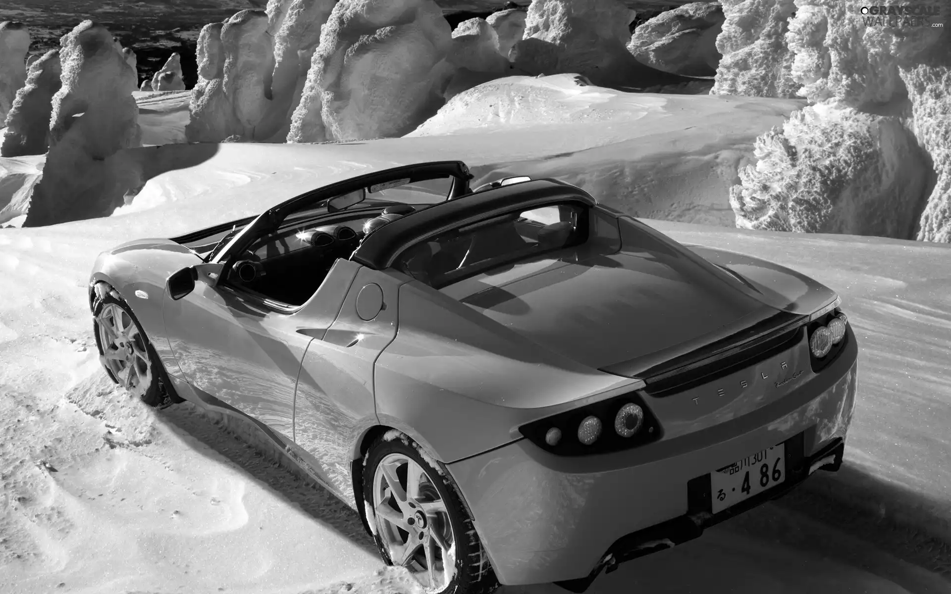 snow, Orange, Tesla Roadster Sport