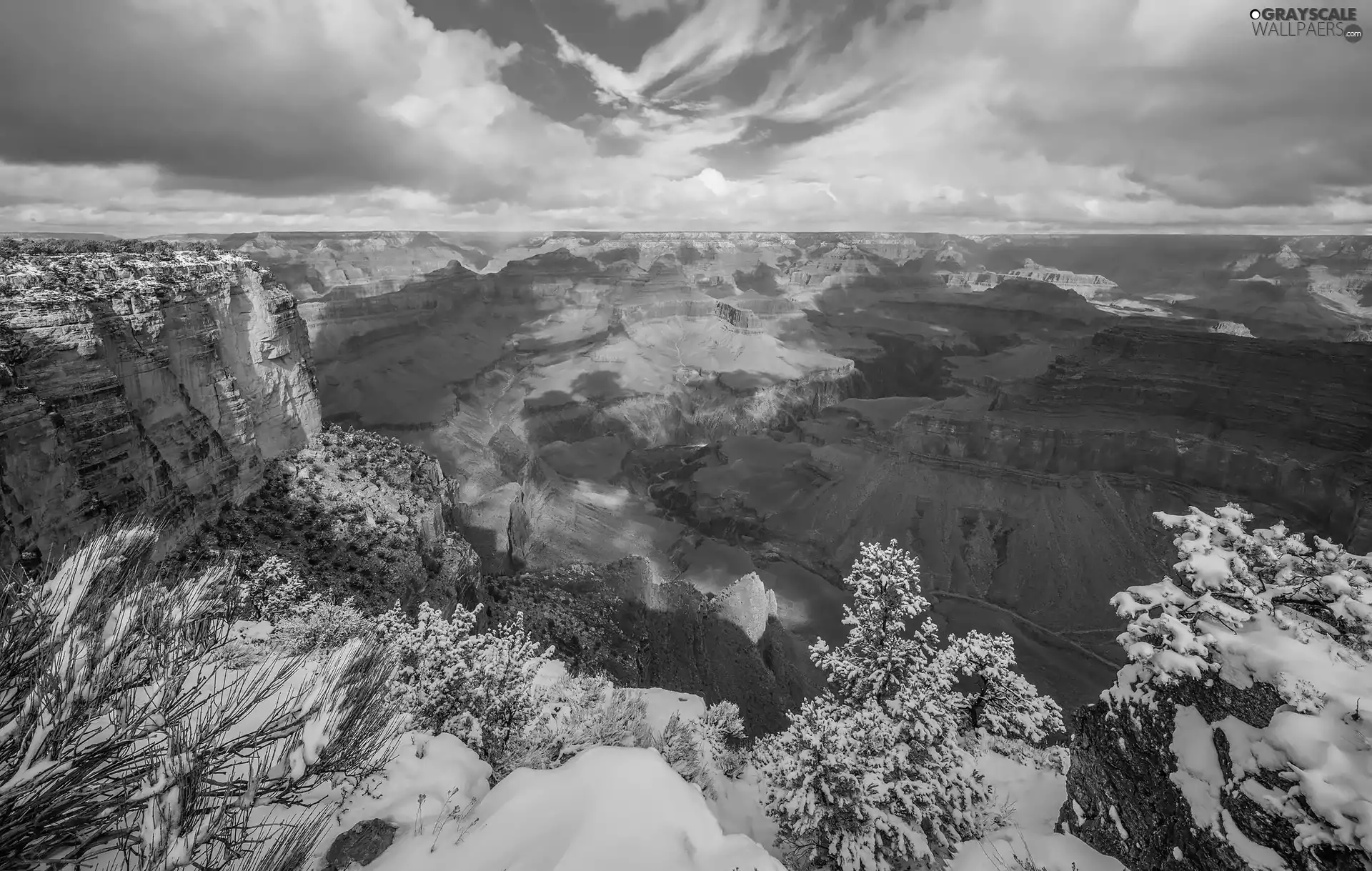 viewes, rocks, Arizona, trees, winter, Grand Canyon National Park, The United States