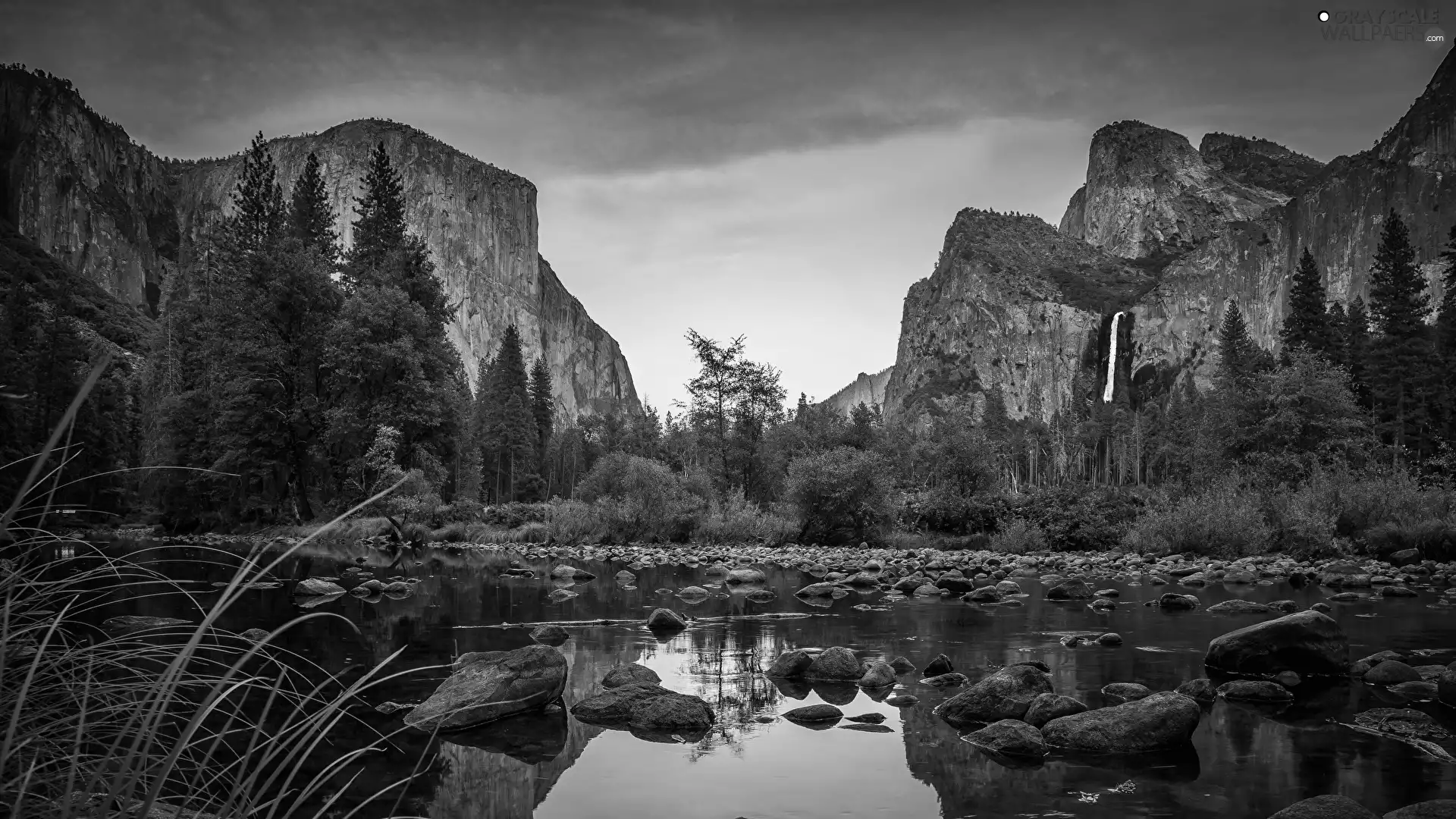 Stones, Sky, viewes, California, grass, Mountains, trees, The United States, Yosemite National Park, Merced River