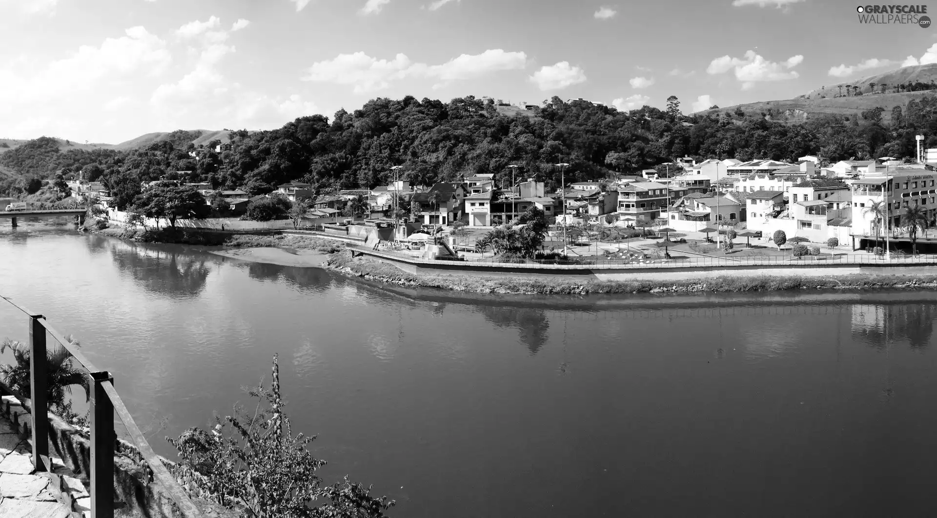 Town, bridge, The Hills, River