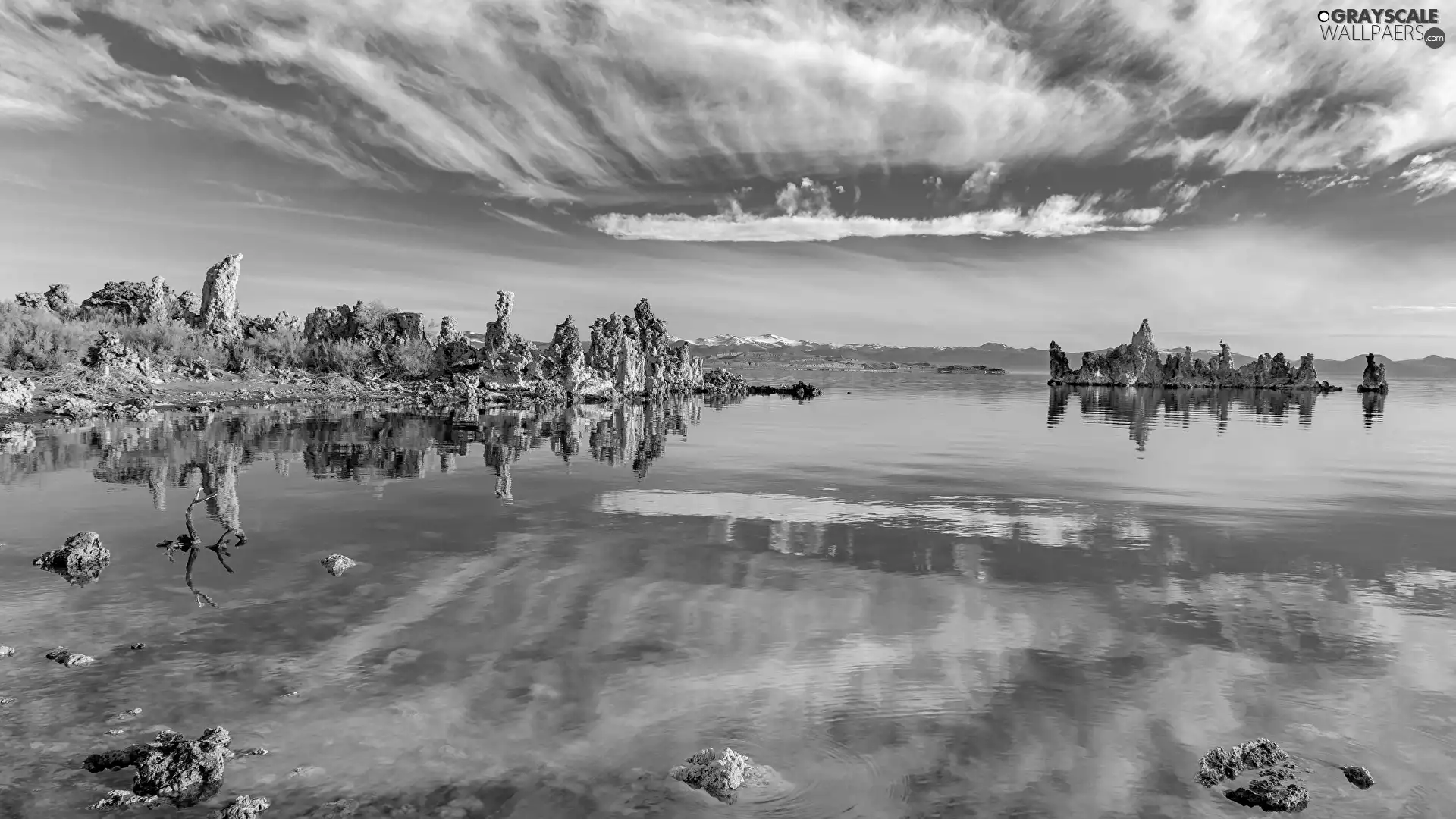 lake, Mono Lake, reflection, rocks, clouds, The United States, California, Sky