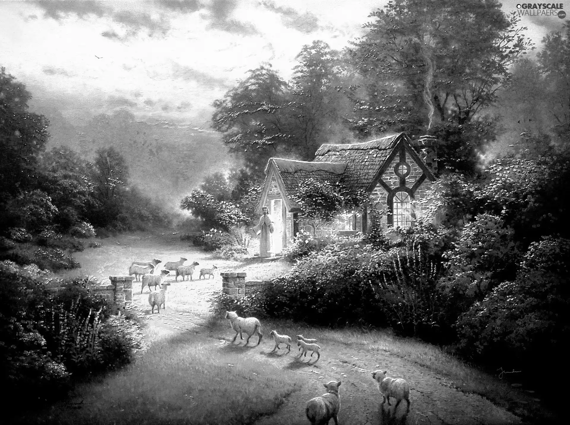 house, sheep, Thomas Kinkade, Way