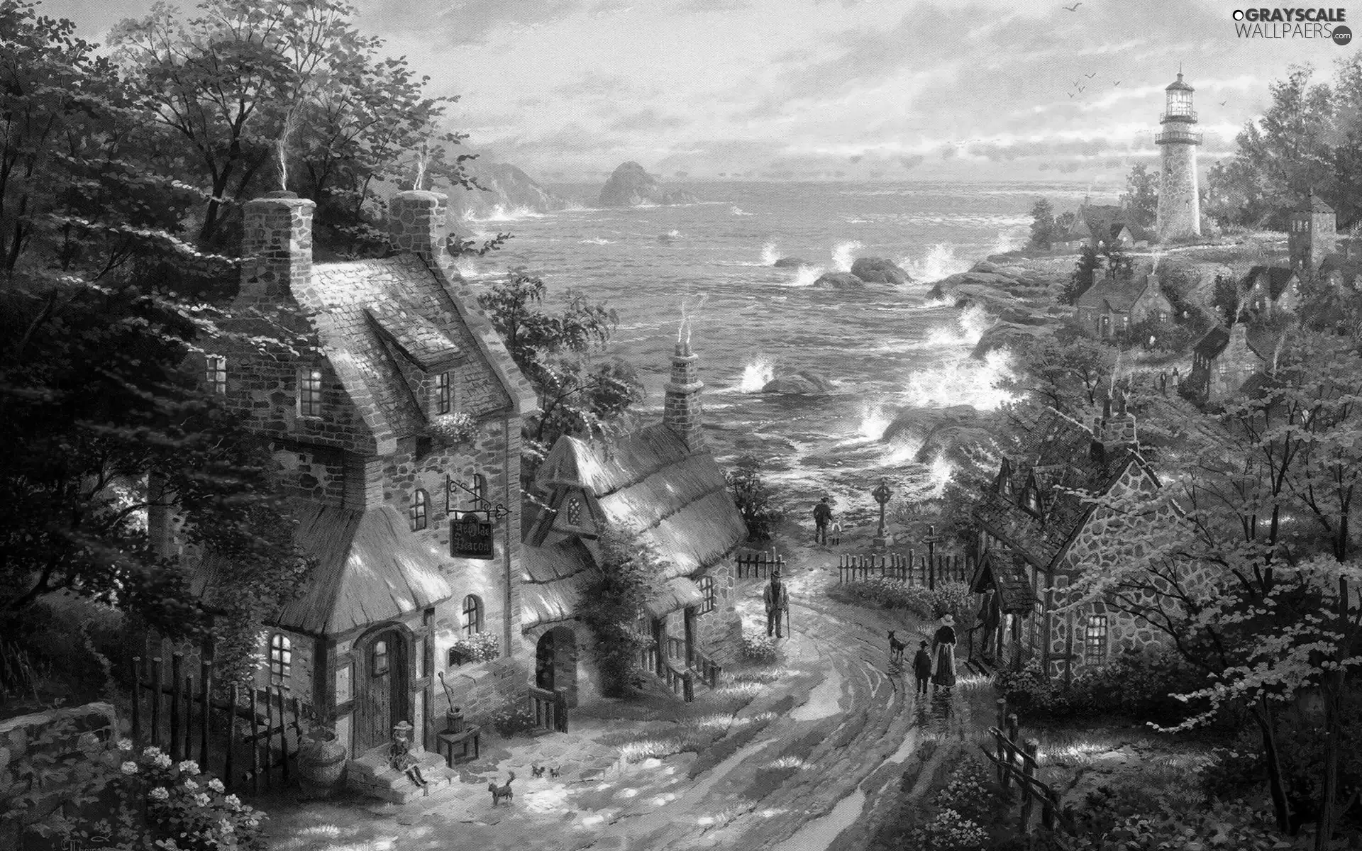 Houses, Lighthouses, Thomas Kinkade, Coast