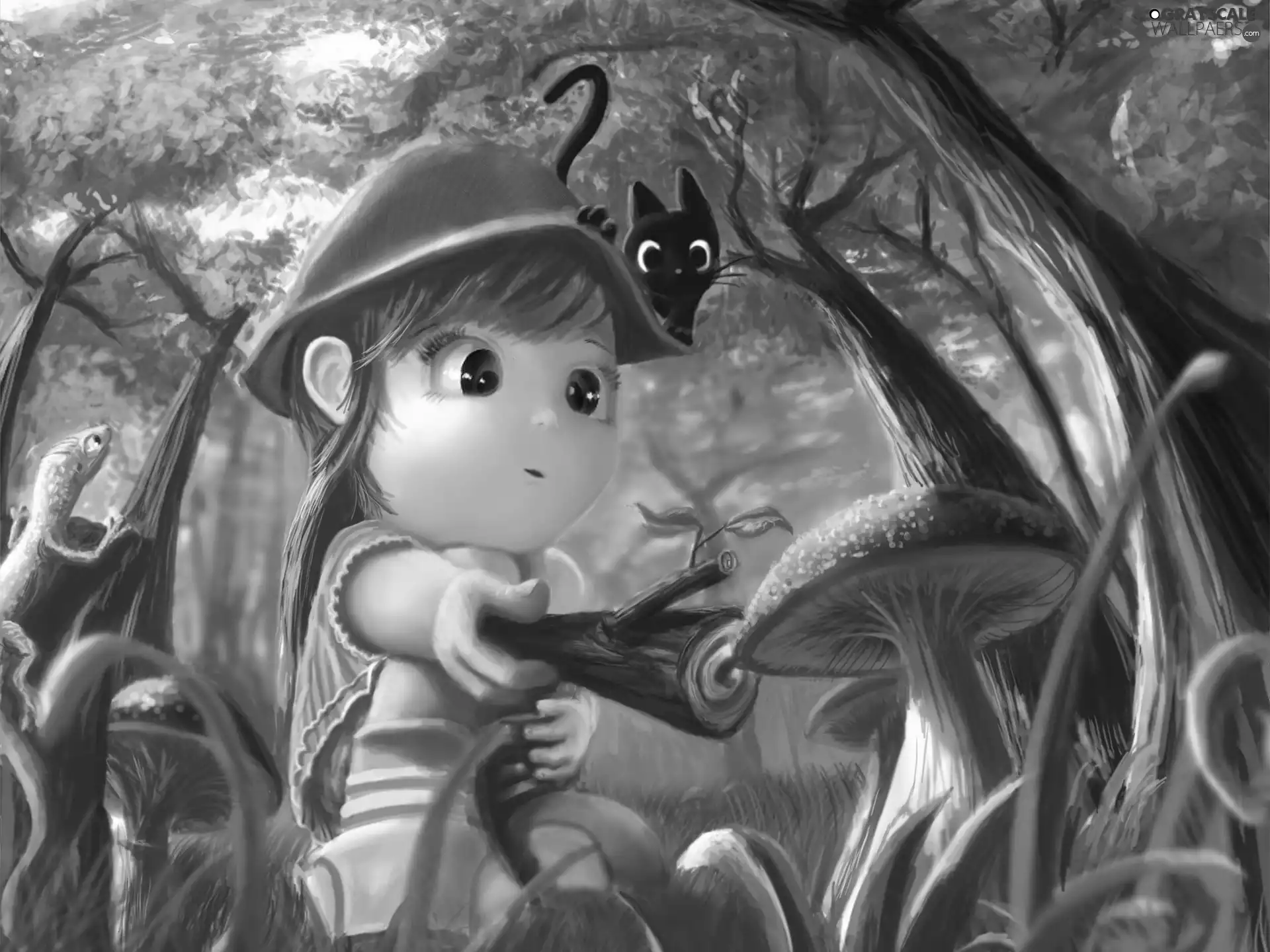 girl, stick, toadstool, cat