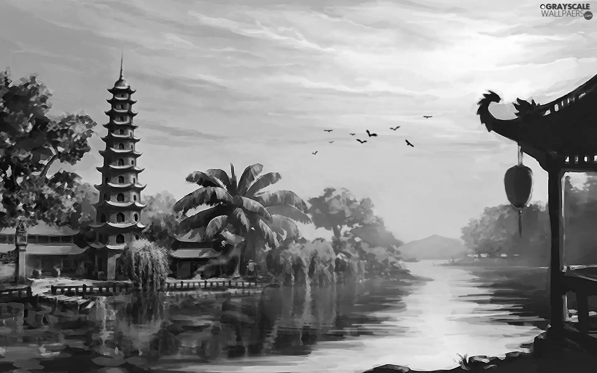 brook, Houses, tower, Palms