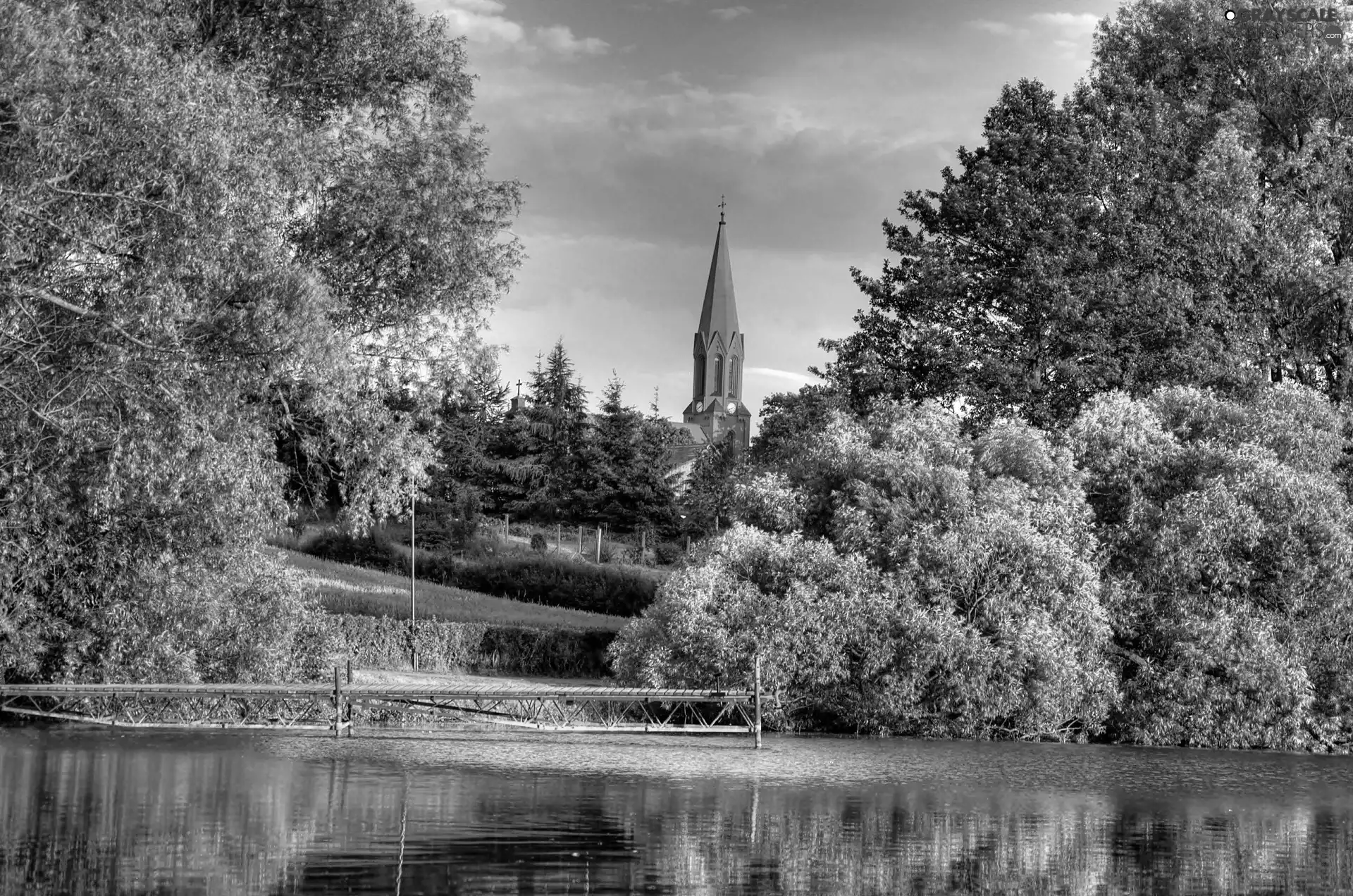 tower, Church, lake, Platform, Park