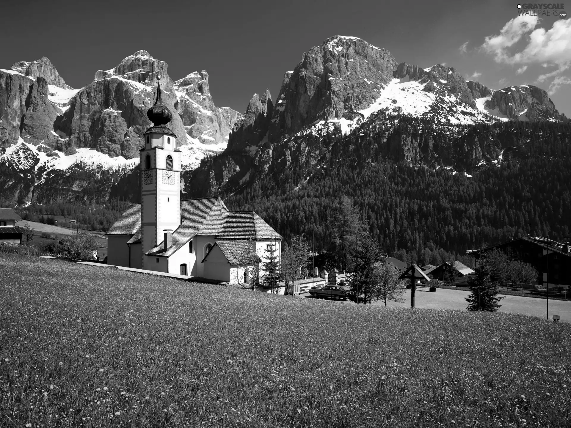 Meadow, Church, tower, Mountains